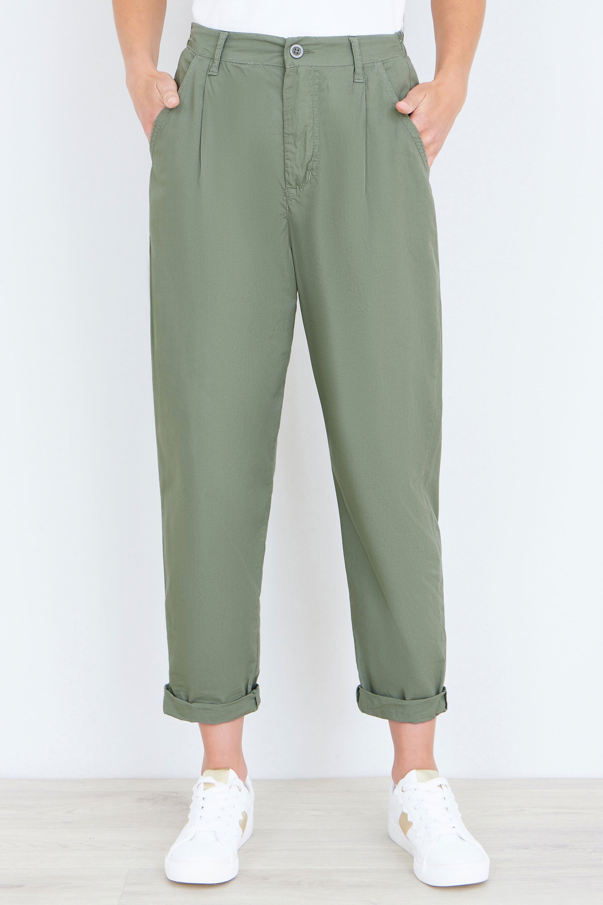 Yumi Khaki Cotton Canvas Chino Trousers TROUSER Yumi