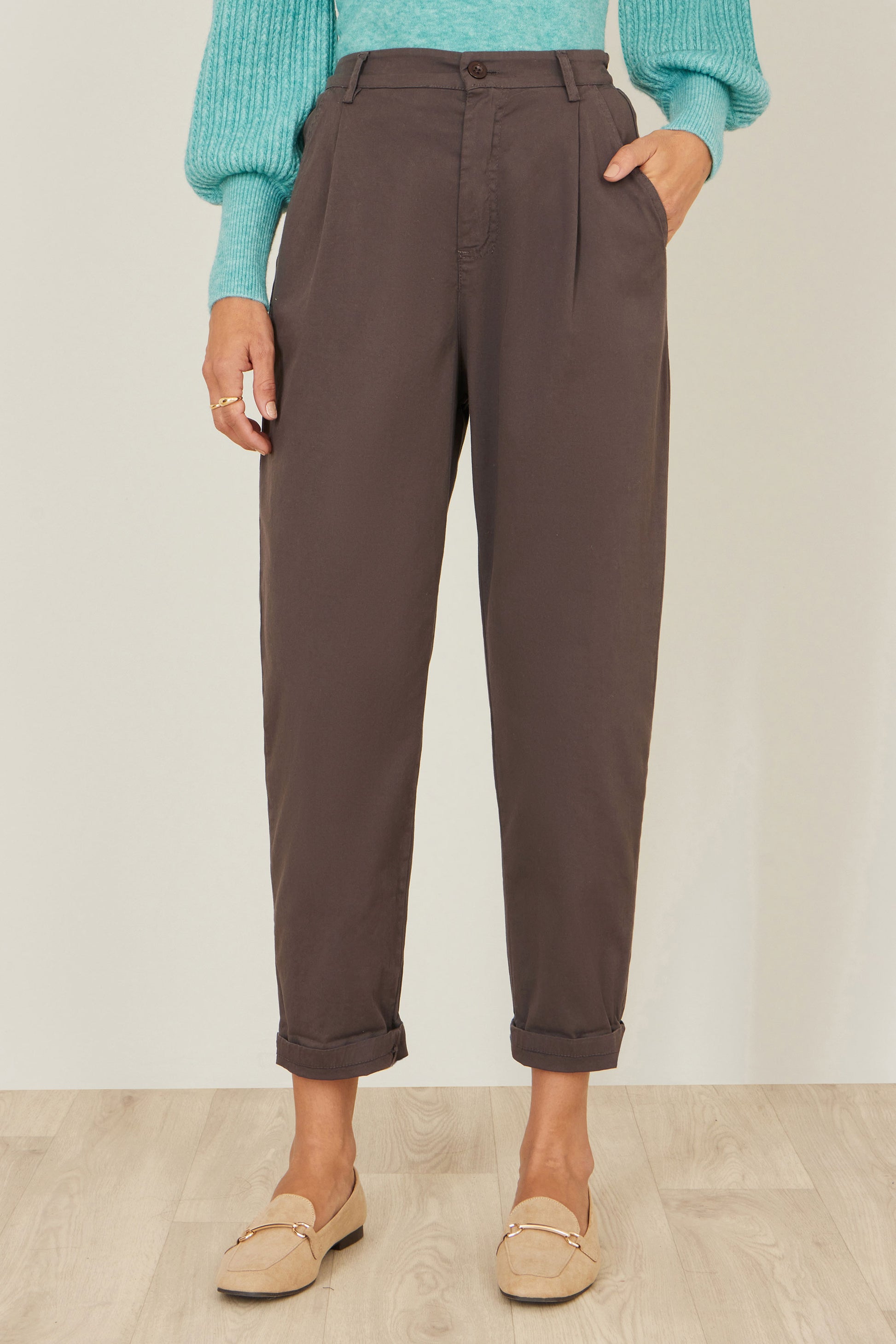 Yumi Brown Cotton Canvas Chino Trousers TROUSER Yumi