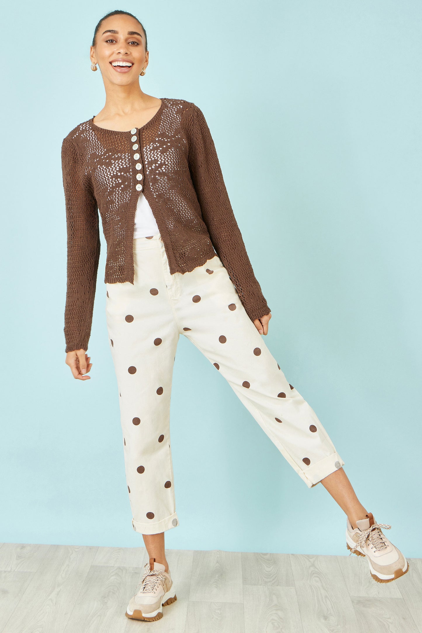 Yumi Brown Spot Print Cotton Canvas Chinos