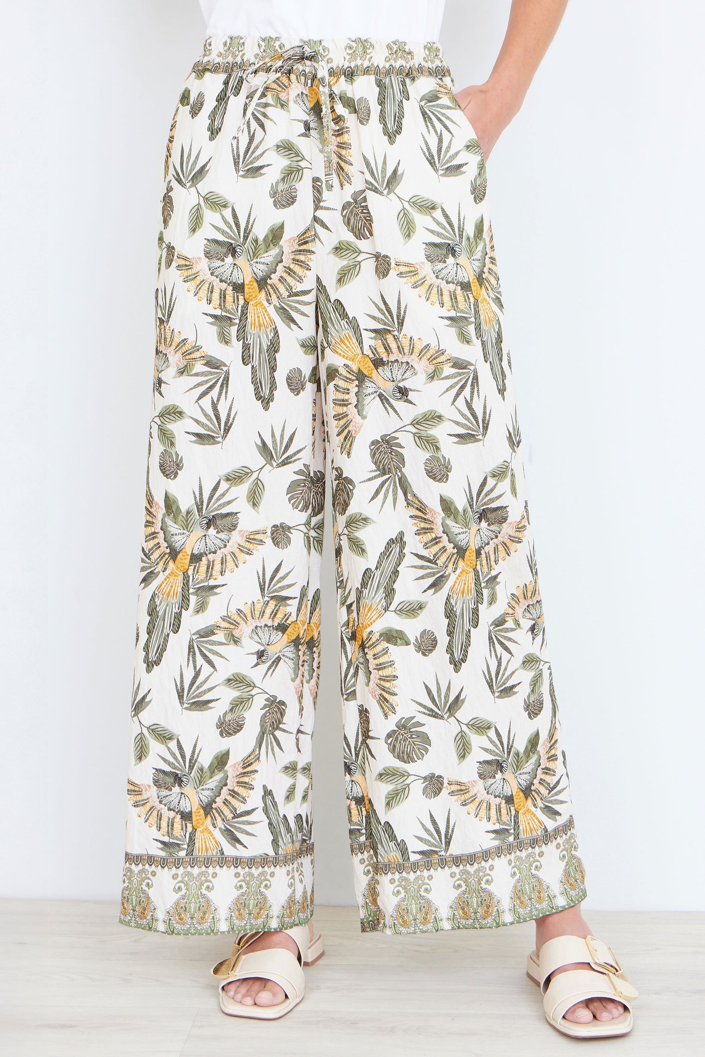 Yumi Green Bird Print Viscose Wide Leg Trousers TROUSER Yumi