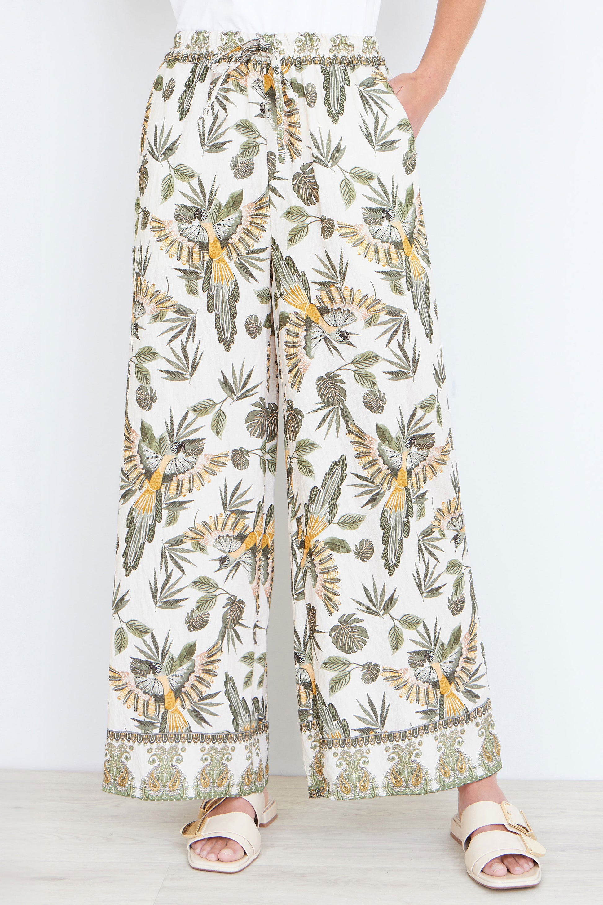 Yumi Green Bird Print Viscose Wide Leg Trousers TROUSER Yumi