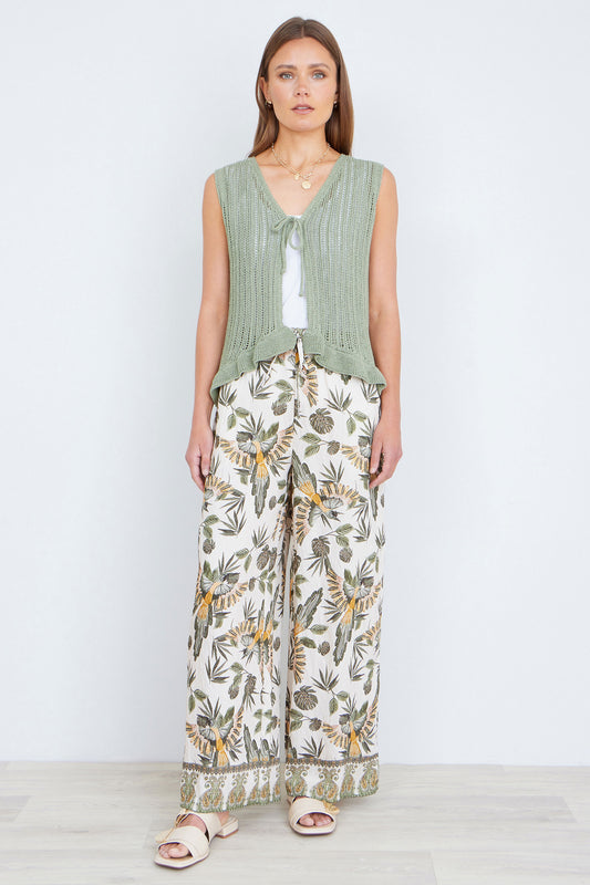 Yumi Green Bird Print Viscose Wide Leg Trousers TROUSER Yumi