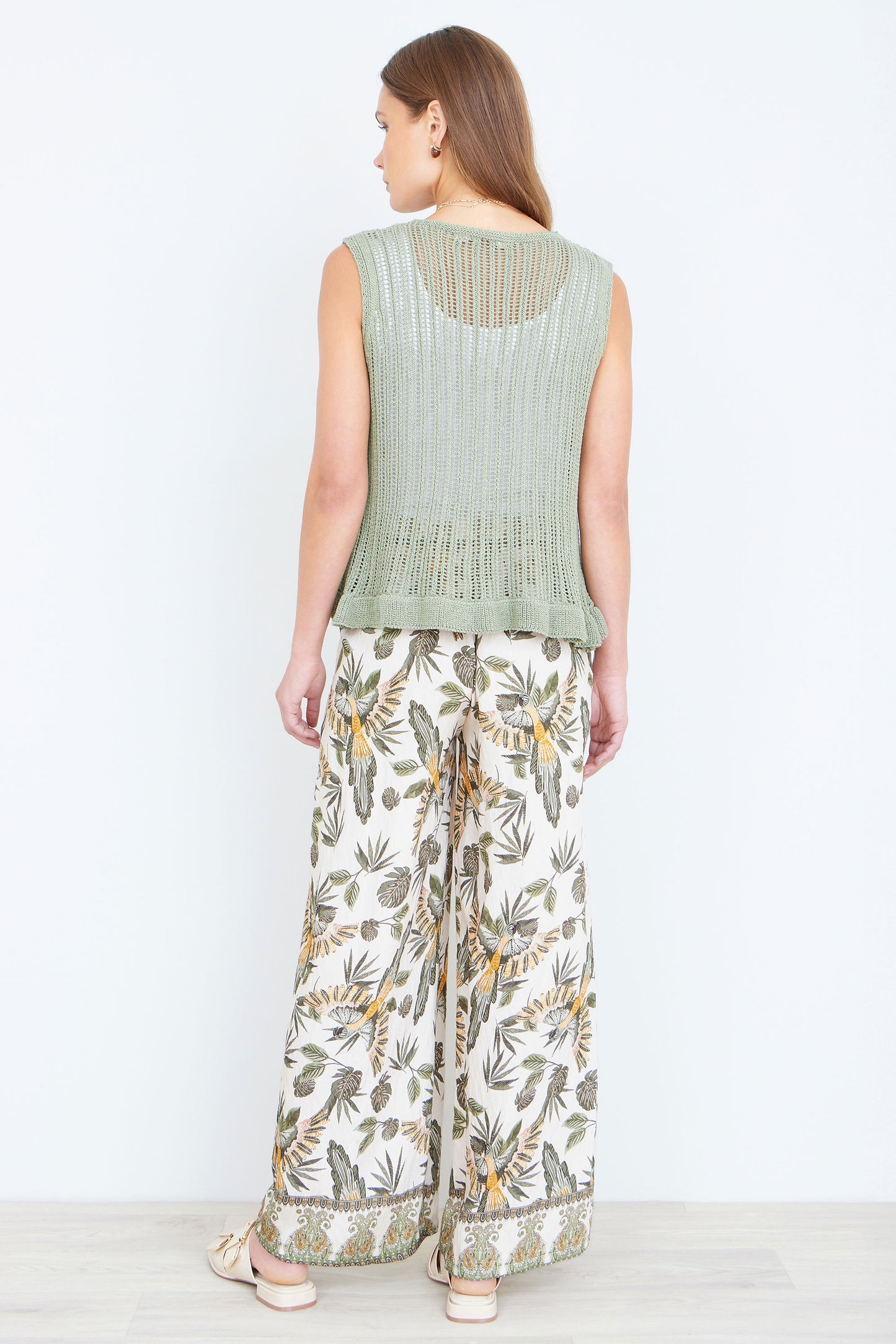 Yumi Green Bird Print Viscose Wide Leg Trousers TROUSER Yumi