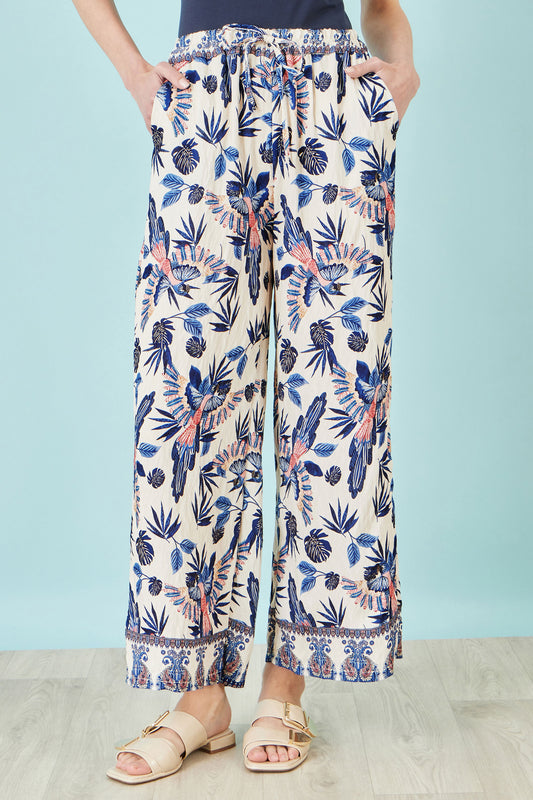 Yumi Blue Bird Print Viscose Wide Leg Trousers TROUSER Yumi