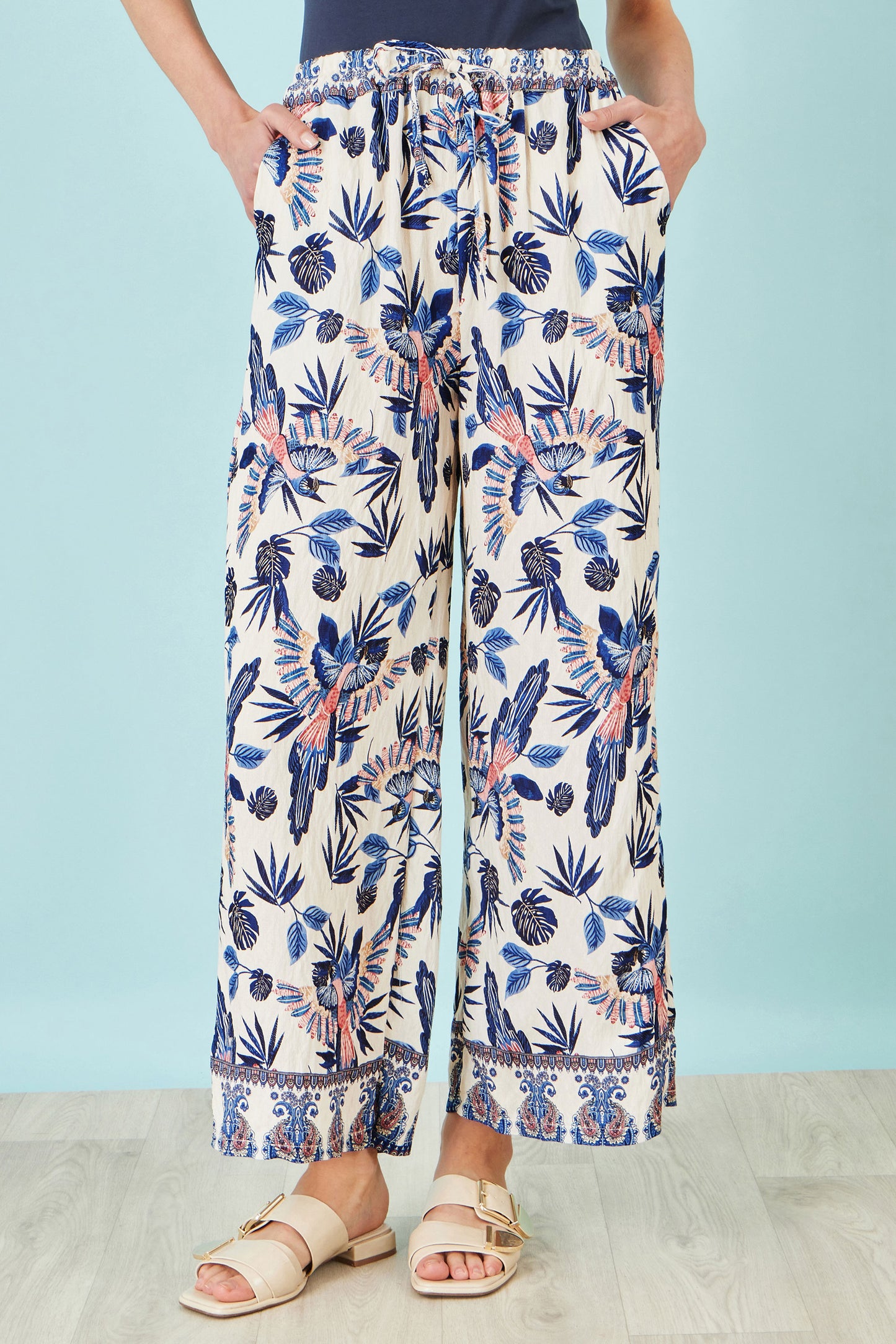 Yumi Blue Bird Print Viscose Wide Leg Trousers TROUSER Yumi