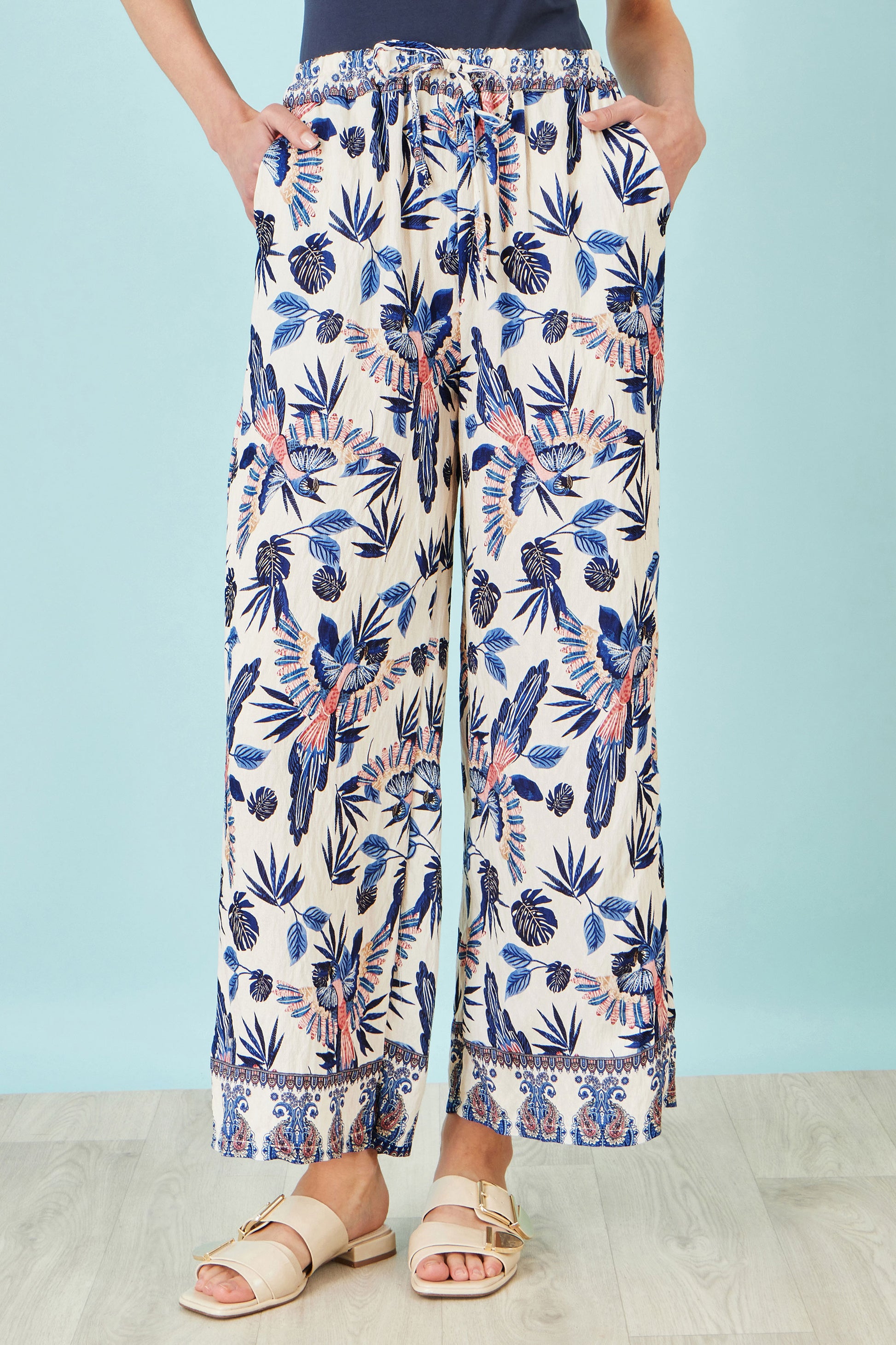 Yumi Blue Bird Print Viscose Wide Leg Trousers TROUSER Yumi