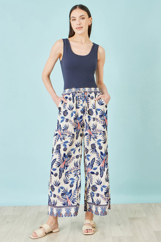 Yumi Blue Bird Print Viscose Wide Leg Trousers TROUSER Yumi