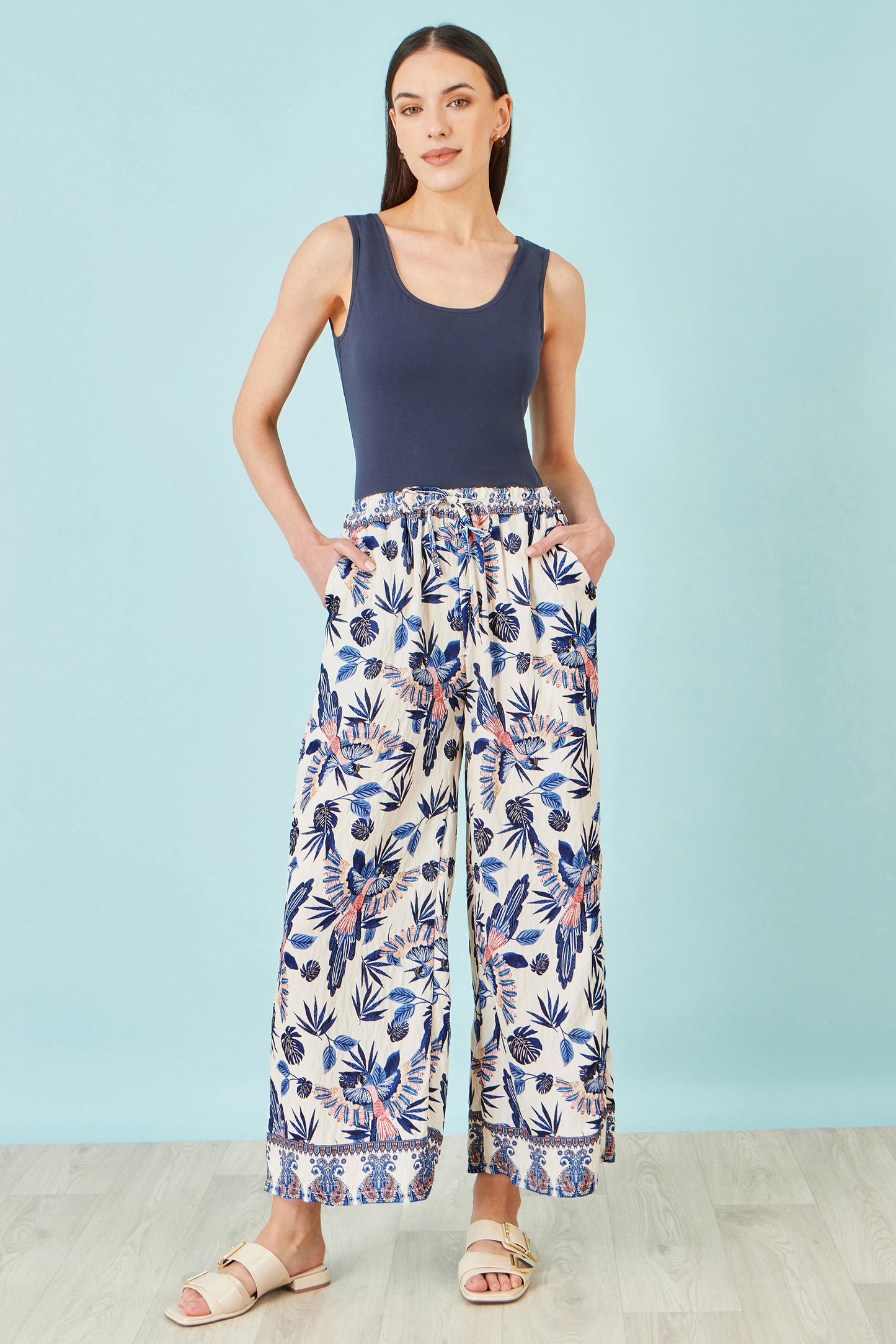 Yumi Blue Bird Print Viscose Wide Leg Trousers TROUSER Yumi