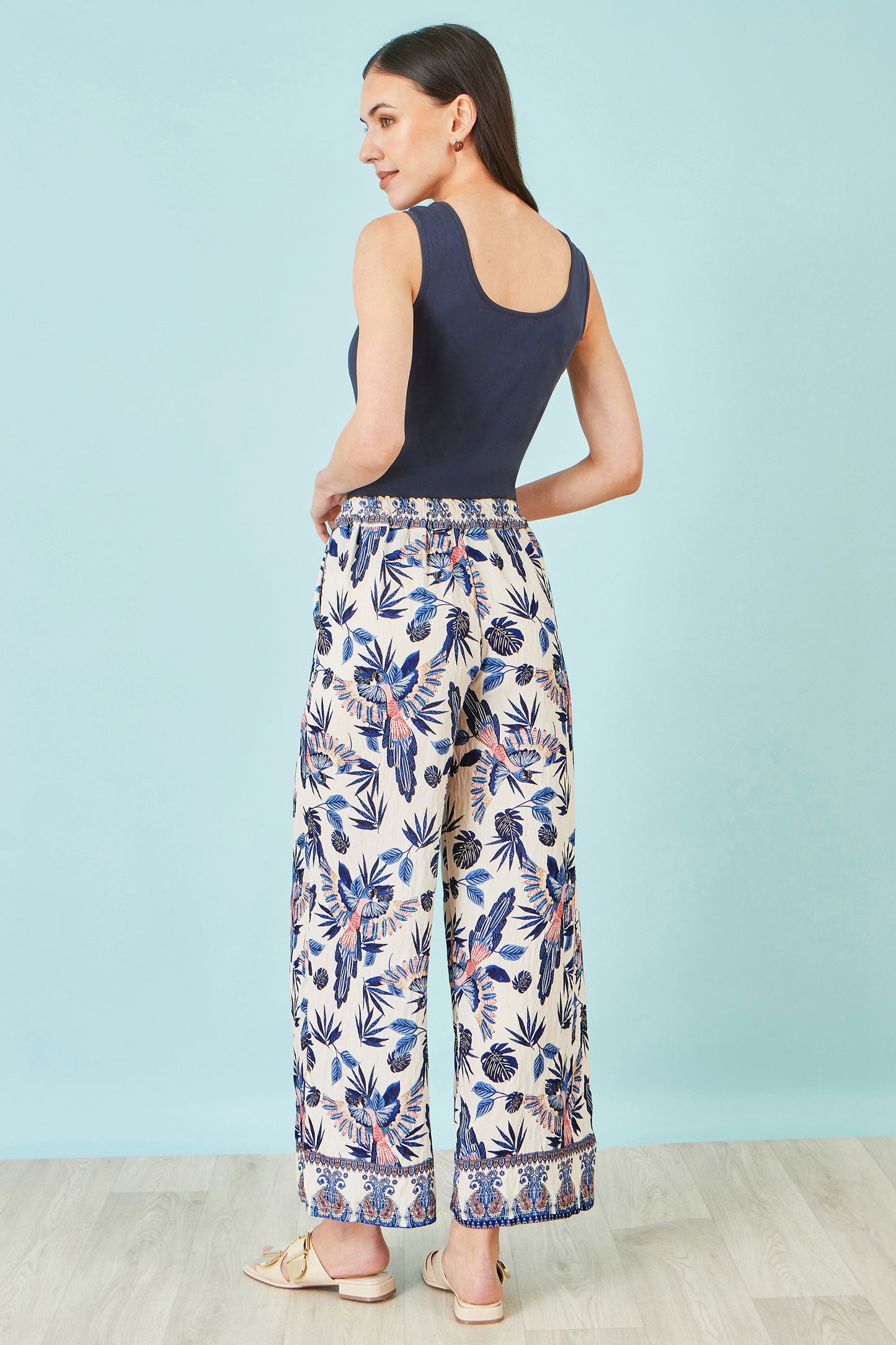 Yumi Blue Bird Print Viscose Wide Leg Trousers TROUSER Yumi