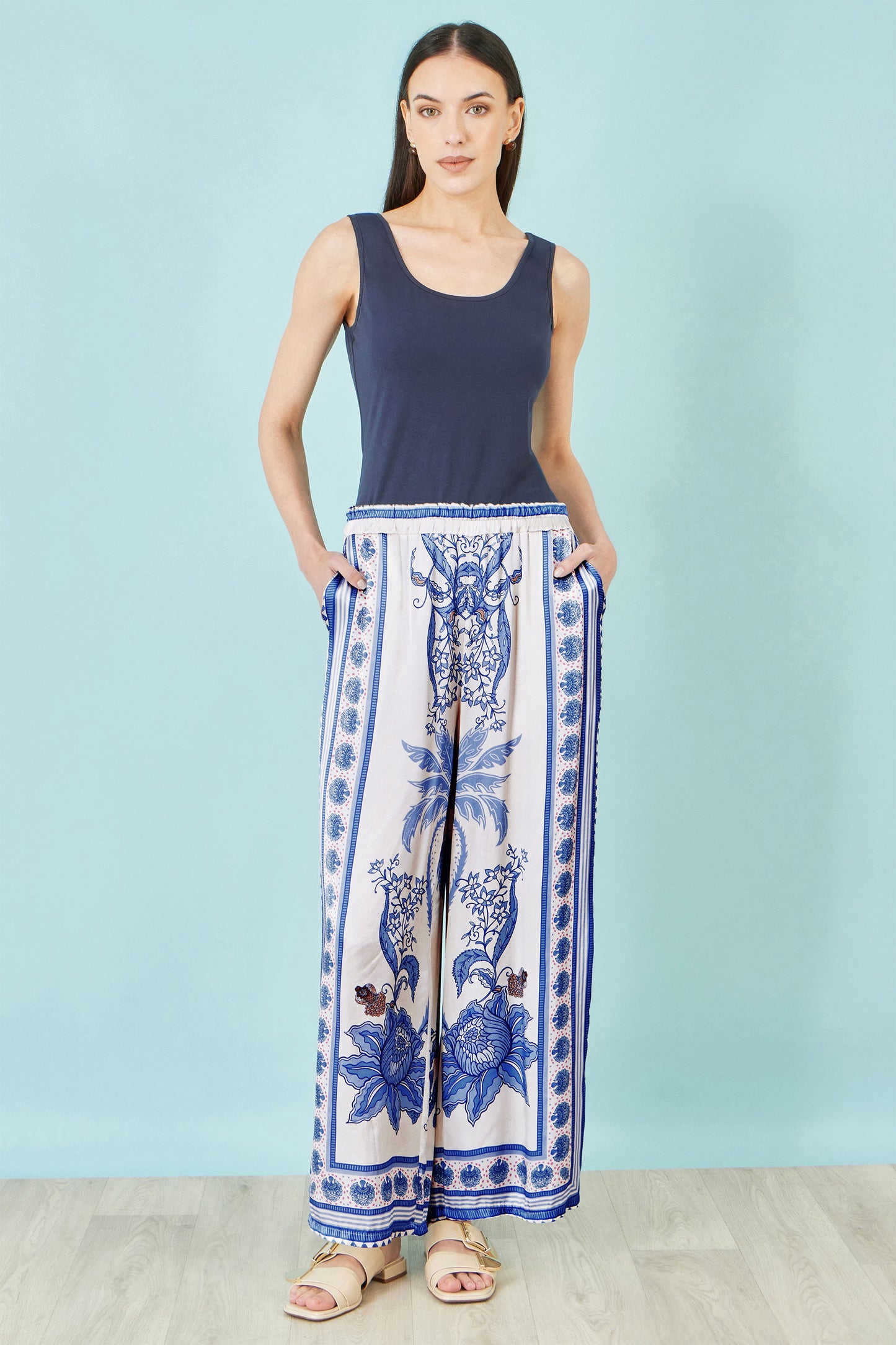Yumi Blue Satin Print Placement Relaxed Trousers TROUSER Yumi