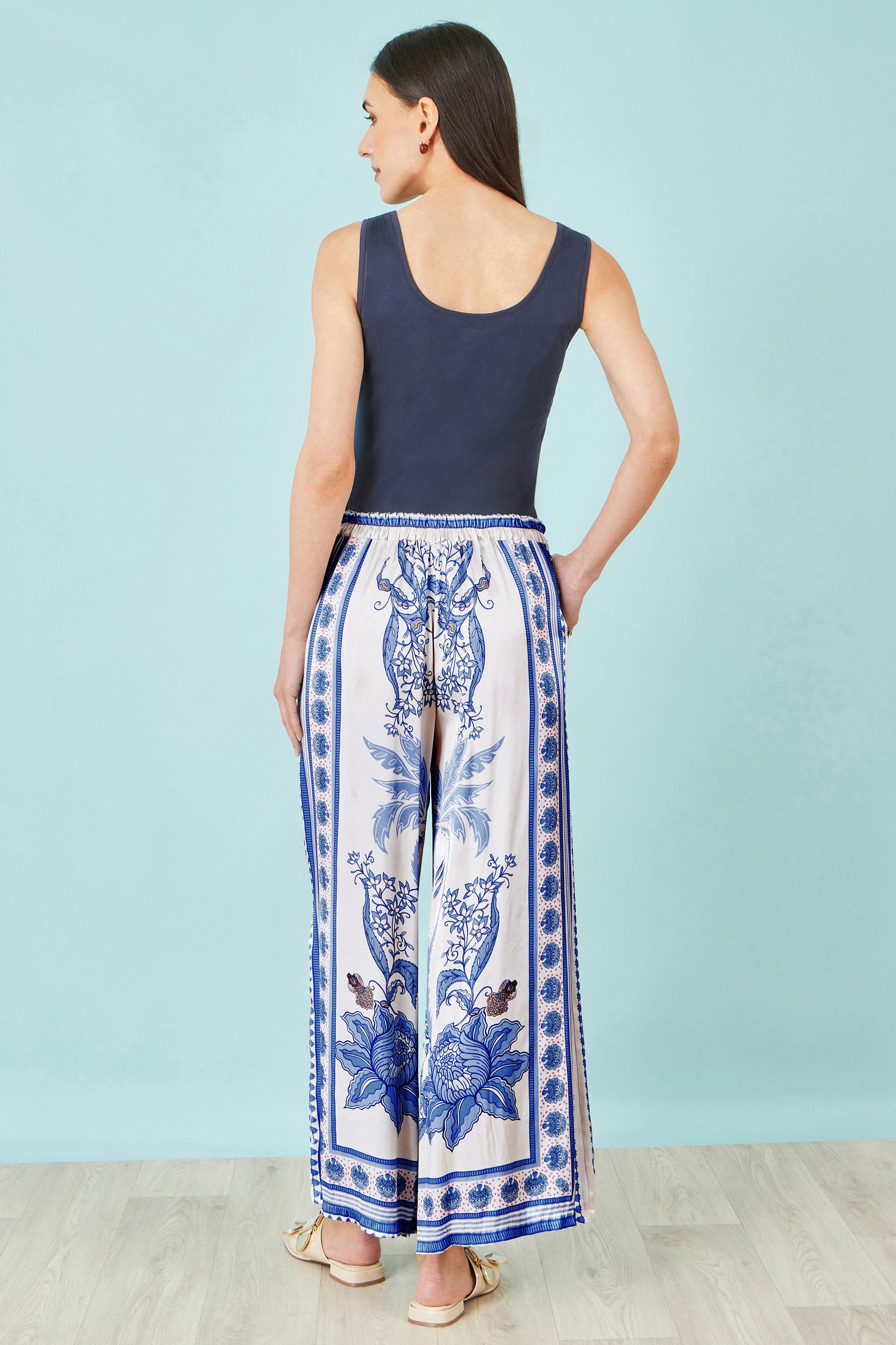 Yumi Blue Satin Print Placement Relaxed Trousers TROUSER Yumi
