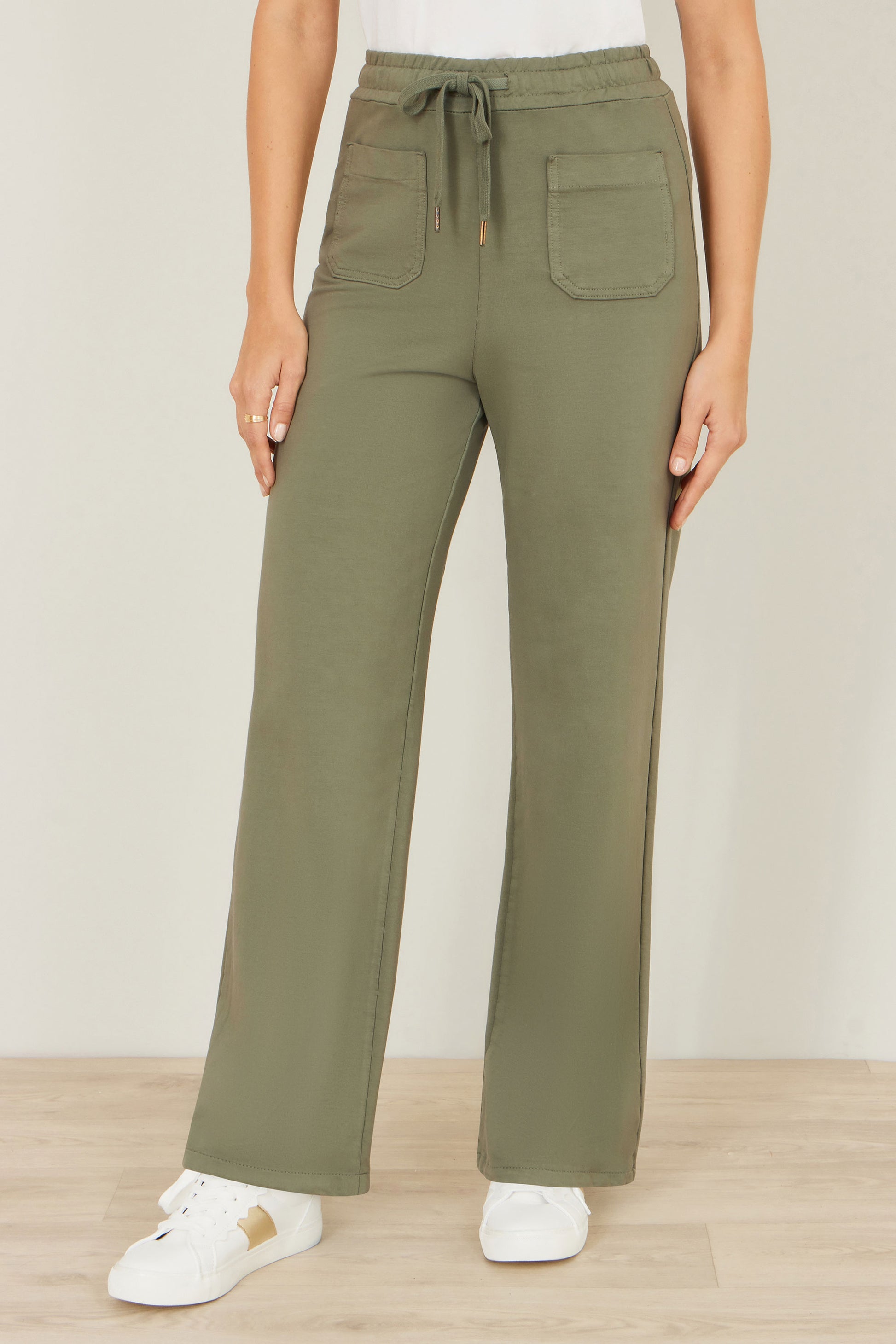 Yumi Khaki Relaxed Stretch Wide Leg Trousers With Pockets TROUSER Yumi