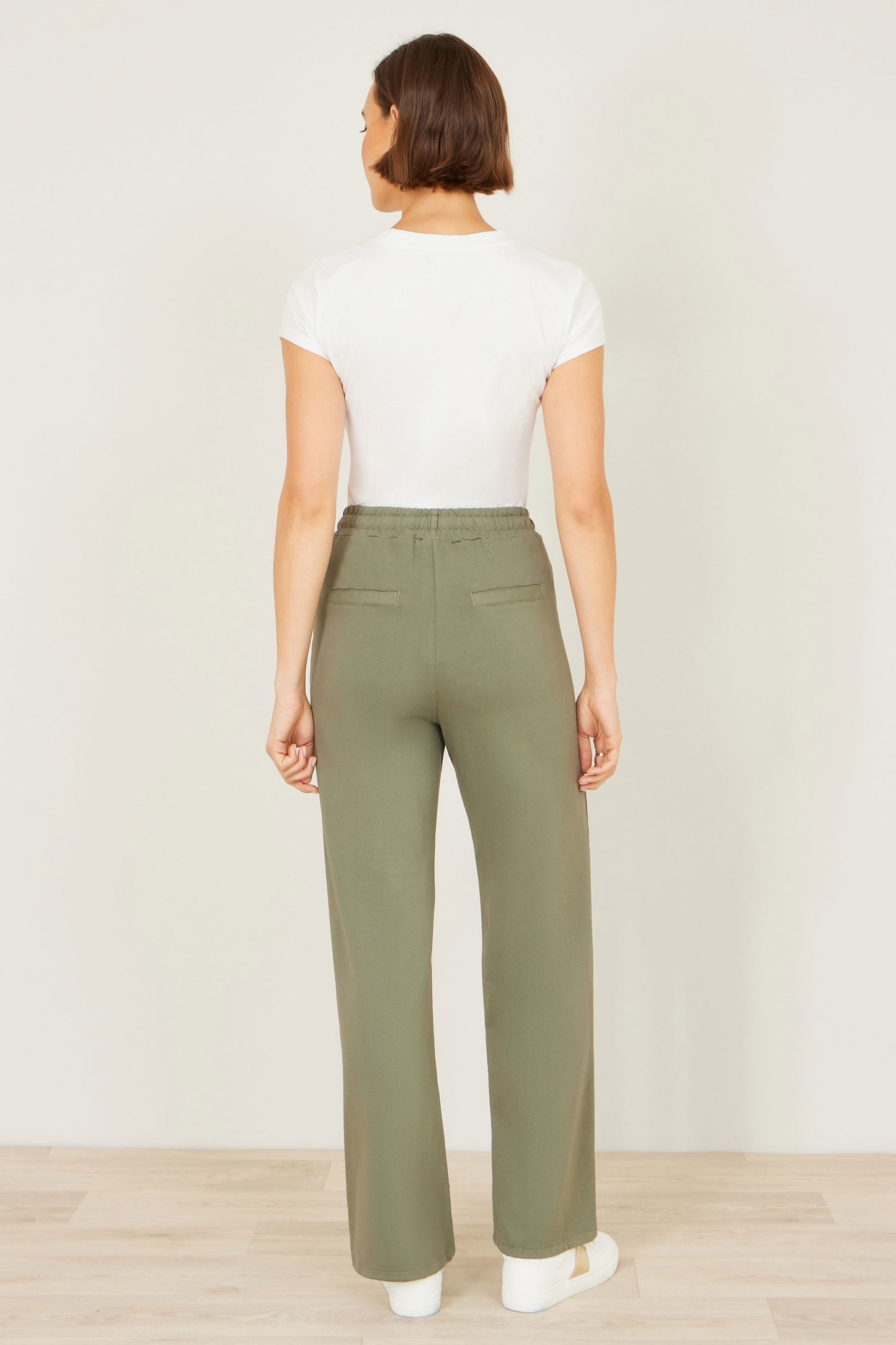 Yumi Khaki Relaxed Stretch Wide Leg Trousers With Pockets TROUSER Yumi