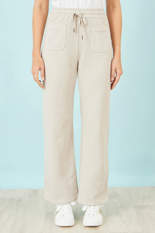 Yumi Cream Relaxed Stretch Wide Leg Trousers With Pockets TROUSER Yumi