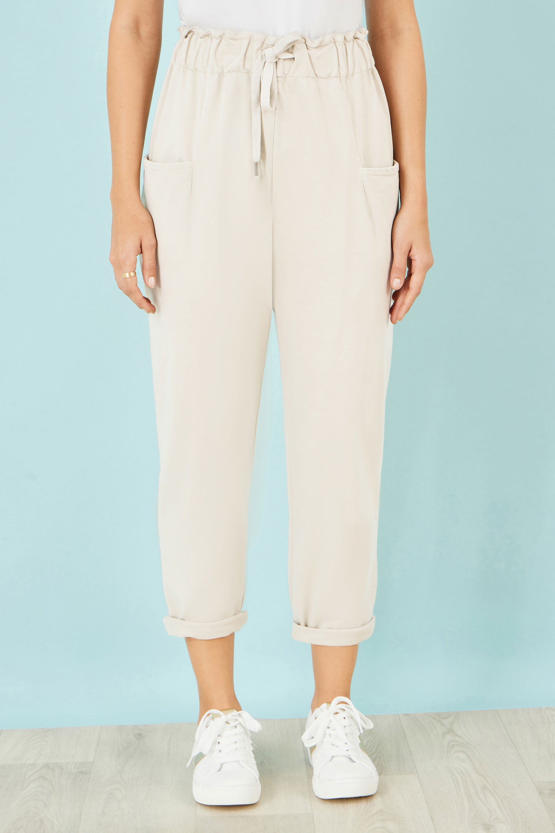 Yumi Cream Cotton Relaxed Stretch Trousers With Pockets TROUSER Yumi