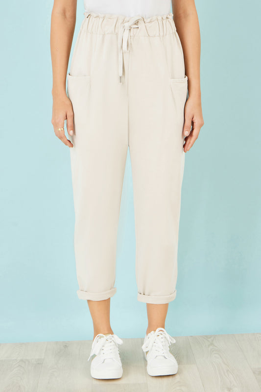 Yumi Cream Cotton Relaxed Stretch Trousers With Pockets TROUSER Yumi