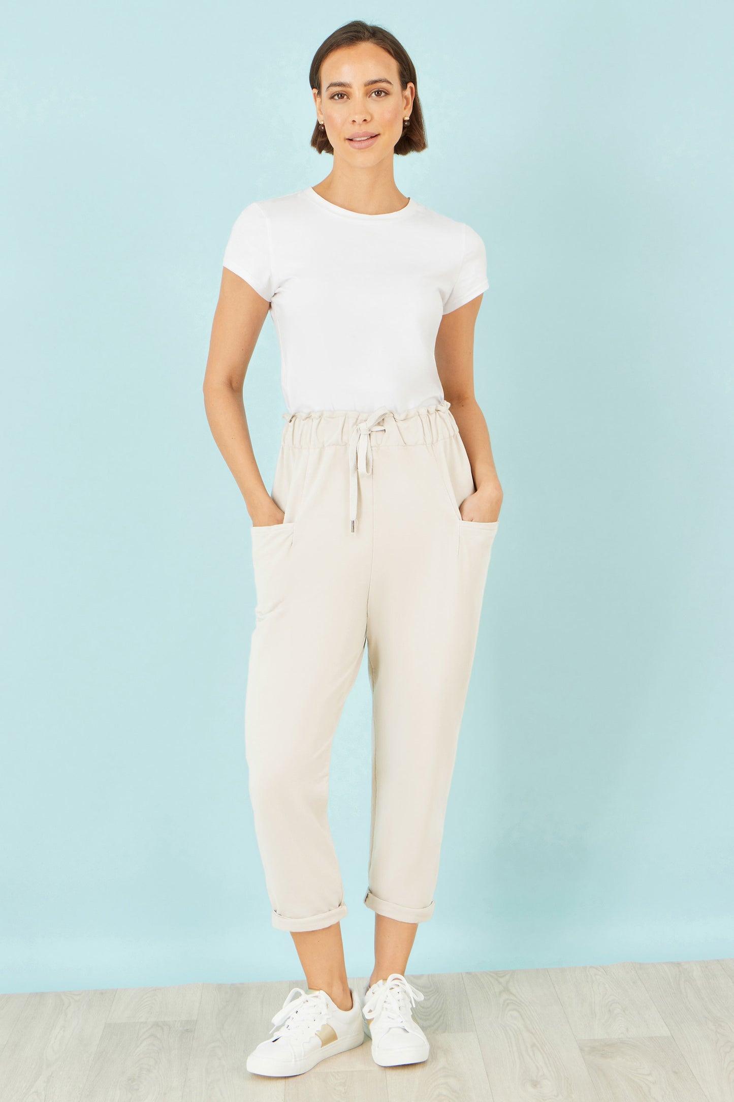 Yumi Cream Cotton Relaxed Stretch Trousers With Pockets TROUSER Yumi