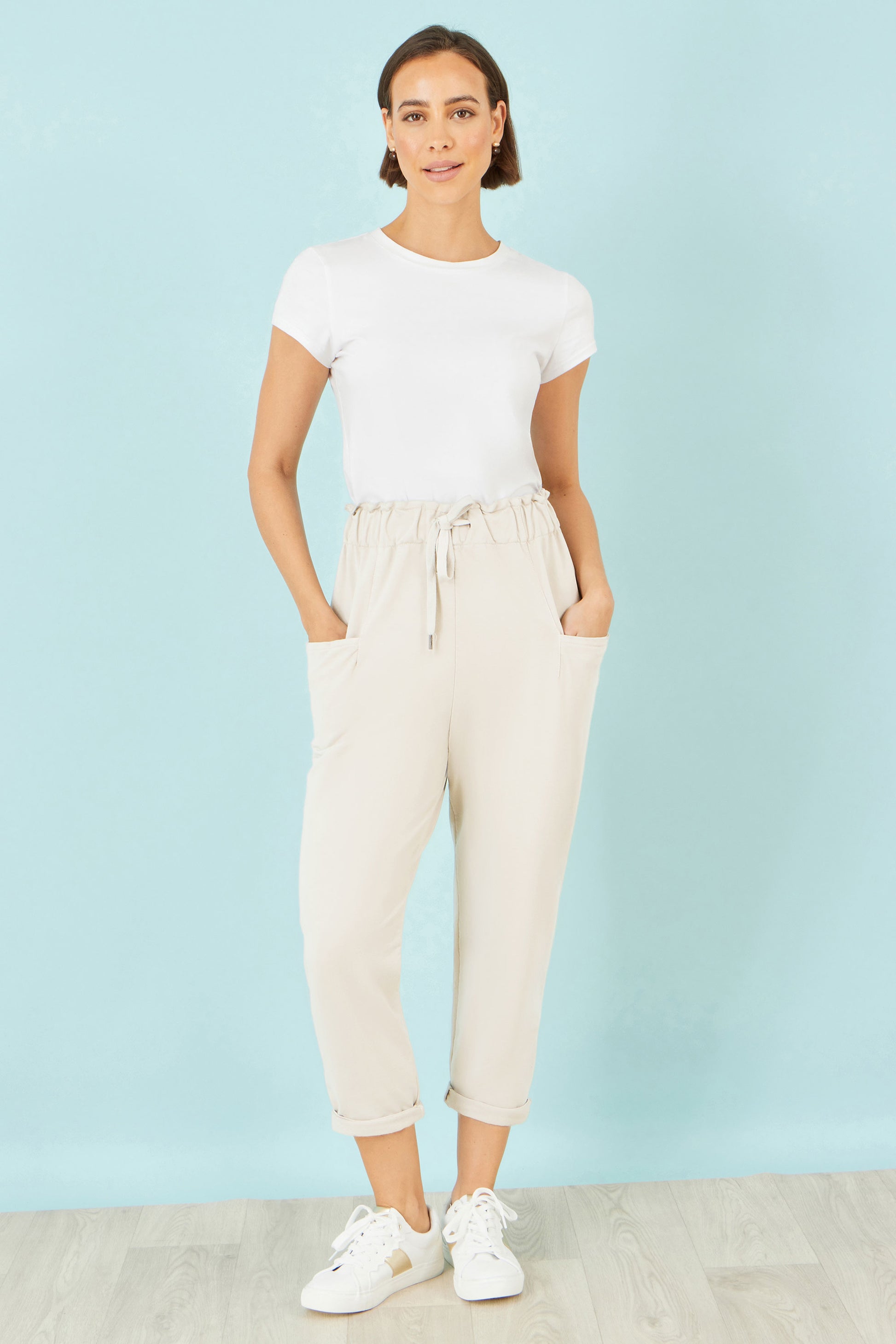 Yumi Cream Cotton Relaxed Stretch Trousers With Pockets TROUSER Yumi