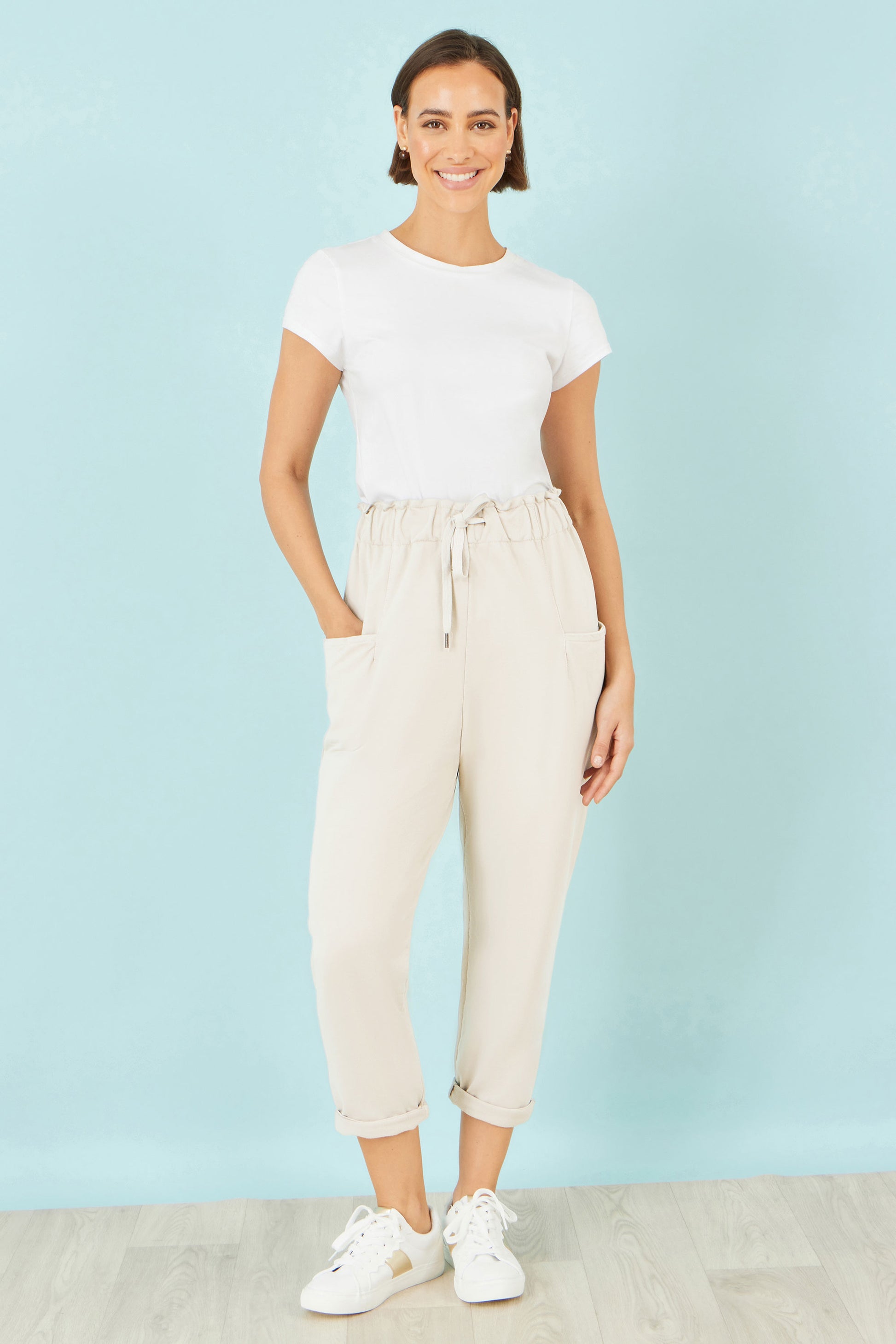 Yumi Cream Cotton Relaxed Stretch Trousers With Pockets TROUSER Yumi