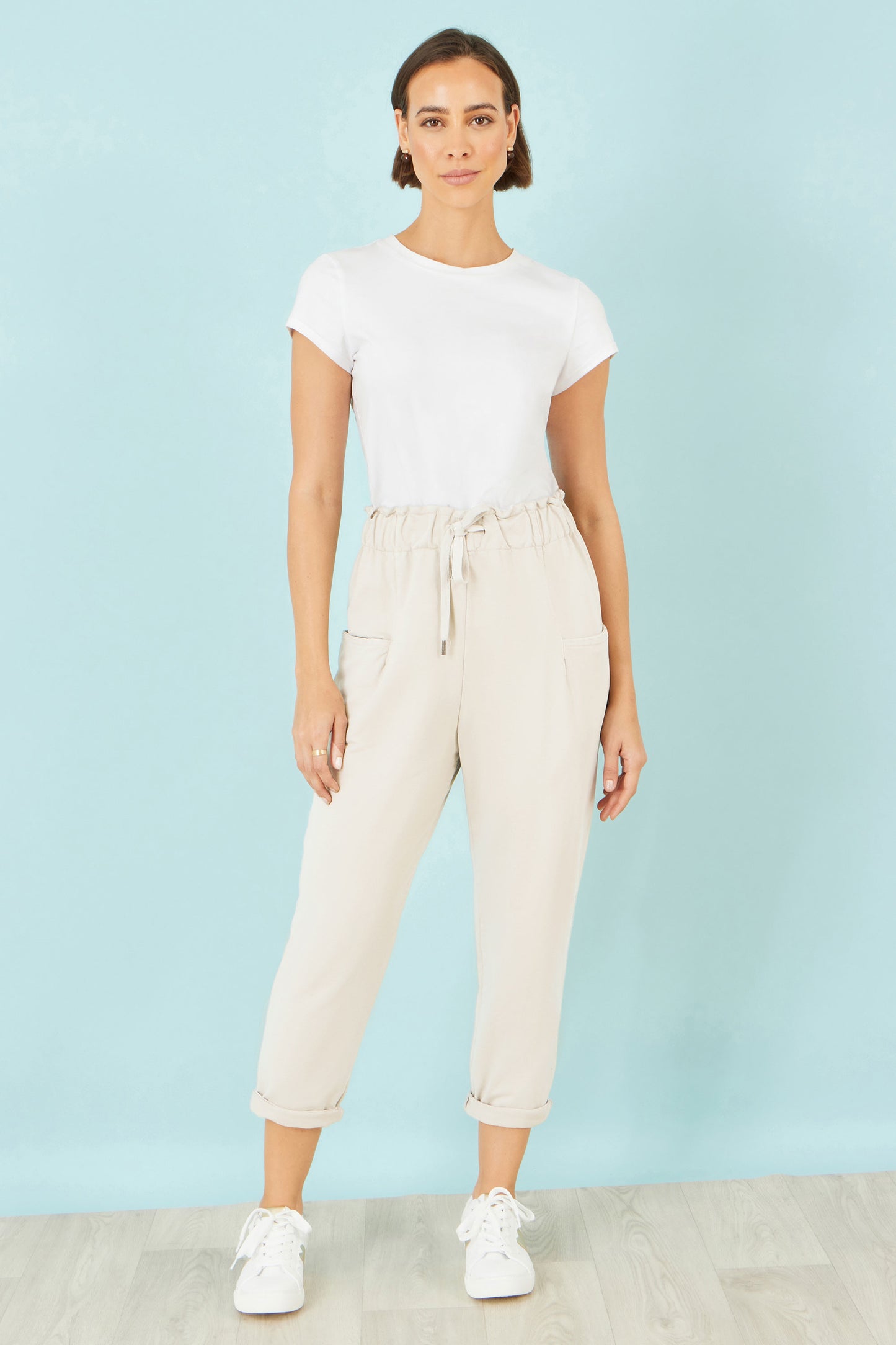 Yumi Cream Cotton Relaxed Stretch Trousers With Pockets TROUSER Yumi