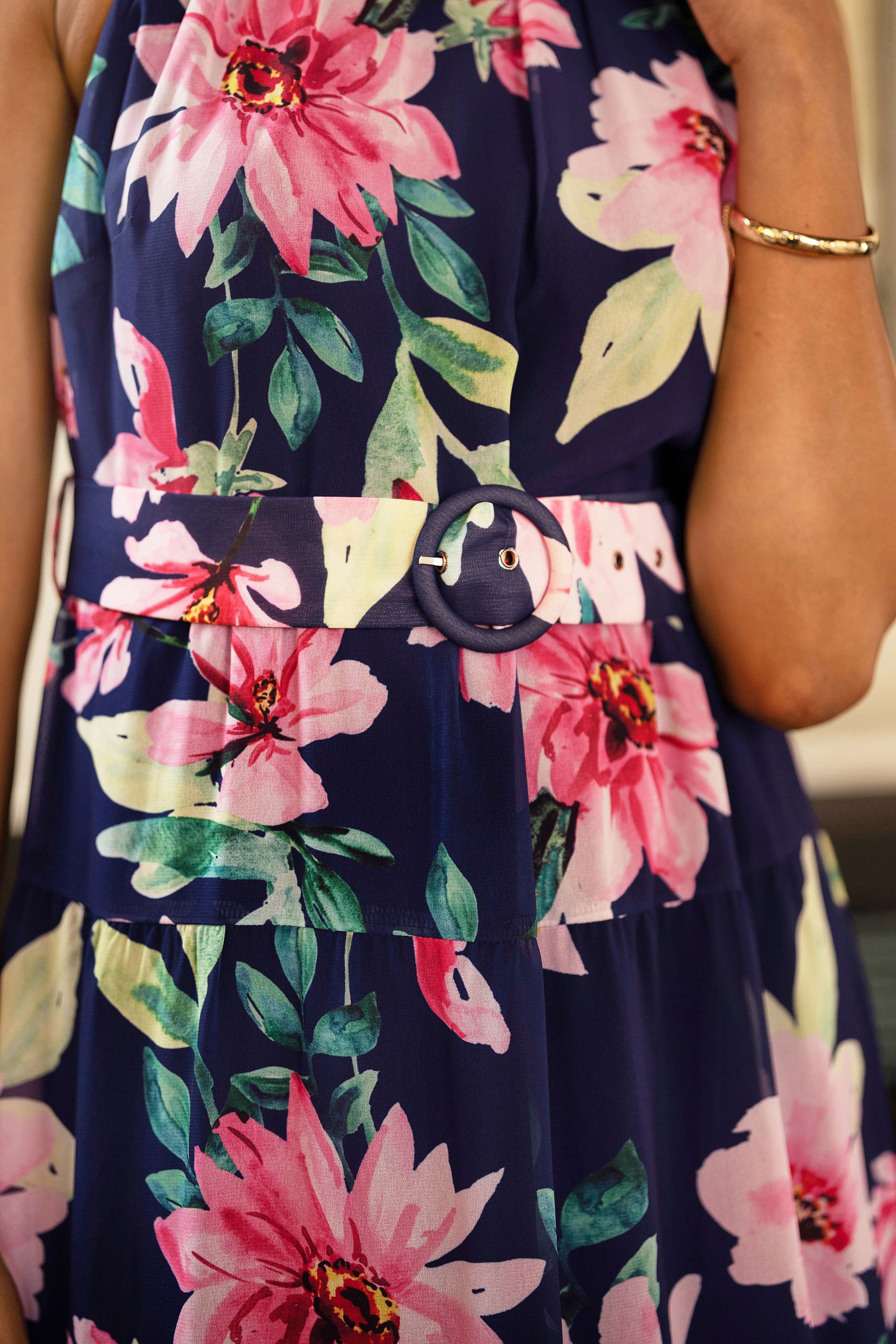 Yumi Navy Floral Halter Neck Midi Dress With Matching Belt Dress Occasion Yumi