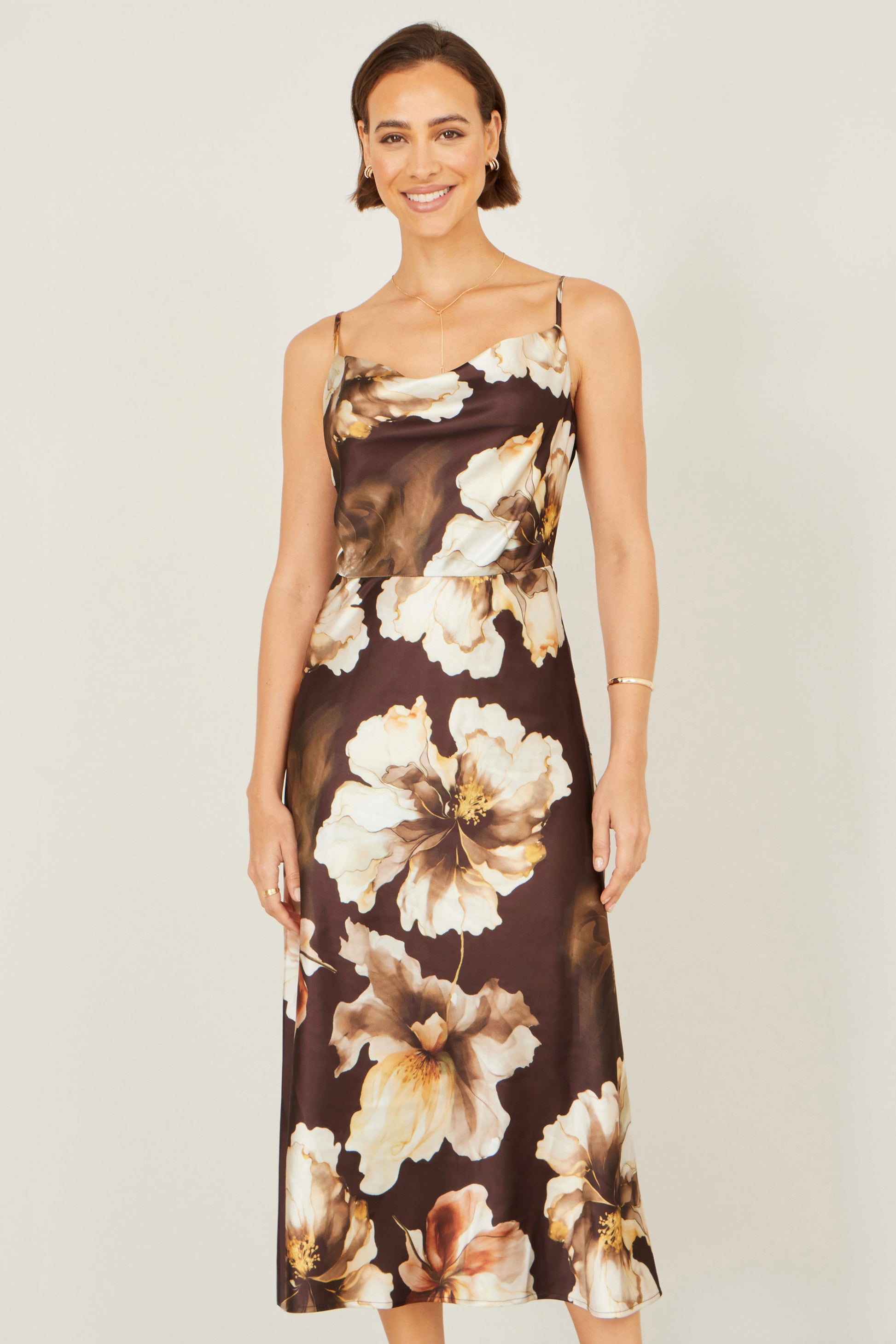 Yumi Brown Cowl Neck Satin Floral Dress Dress Occasion Yumi
