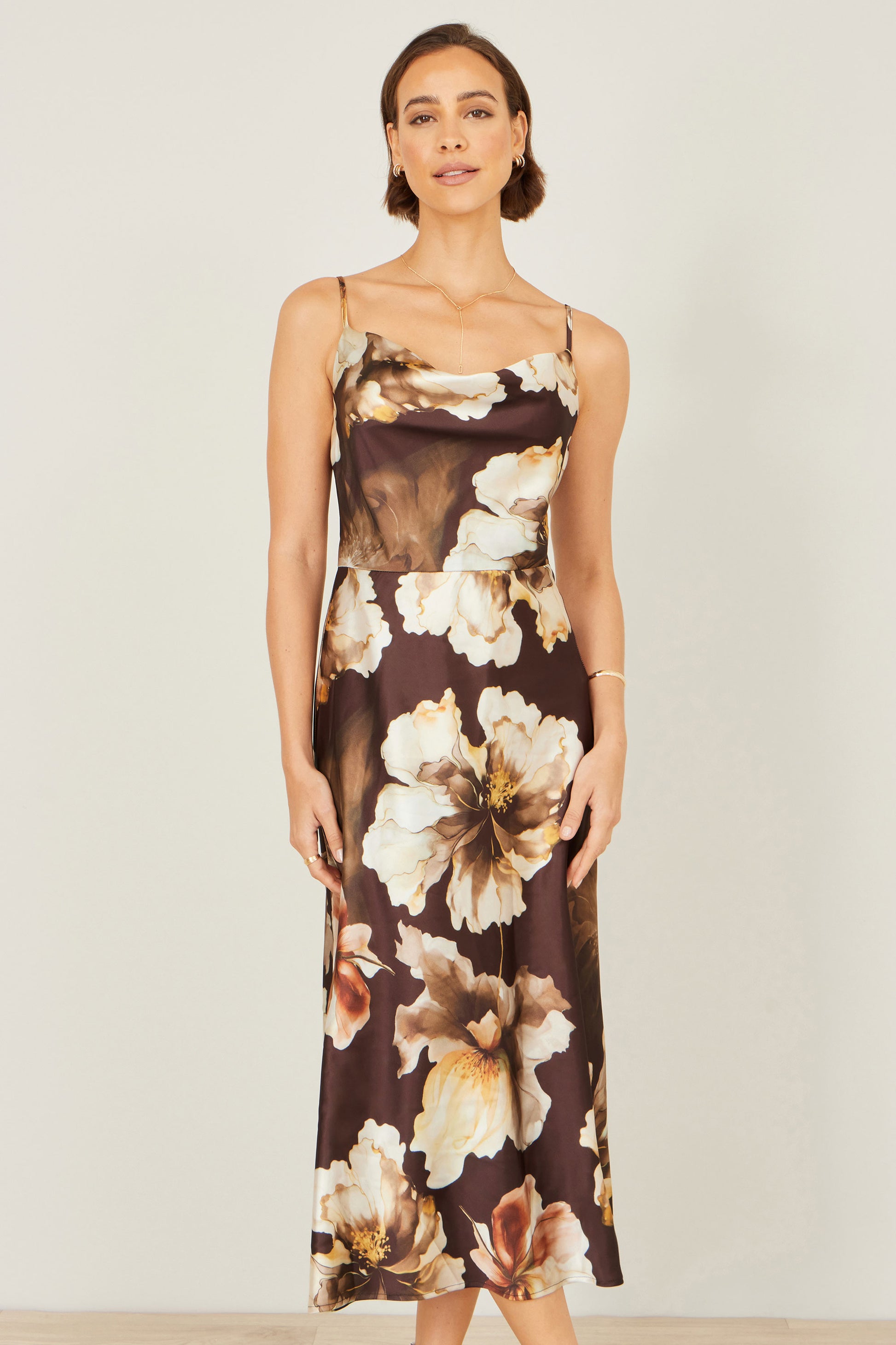 Yumi Brown Cowl Neck Satin Floral Dress Dress Occasion Yumi