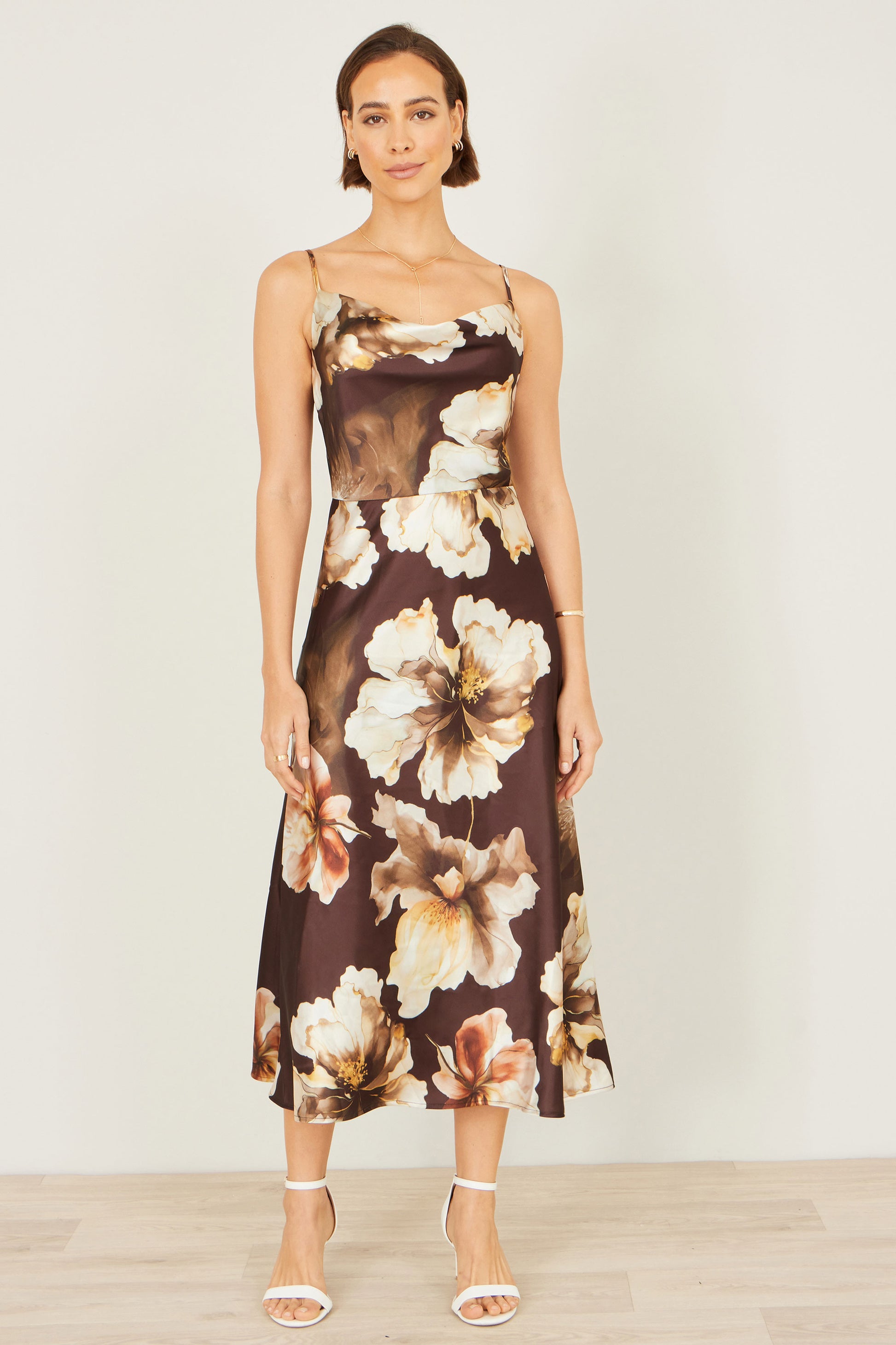 Yumi Brown Cowl Neck Satin Floral Dress Dress Occasion Yumi