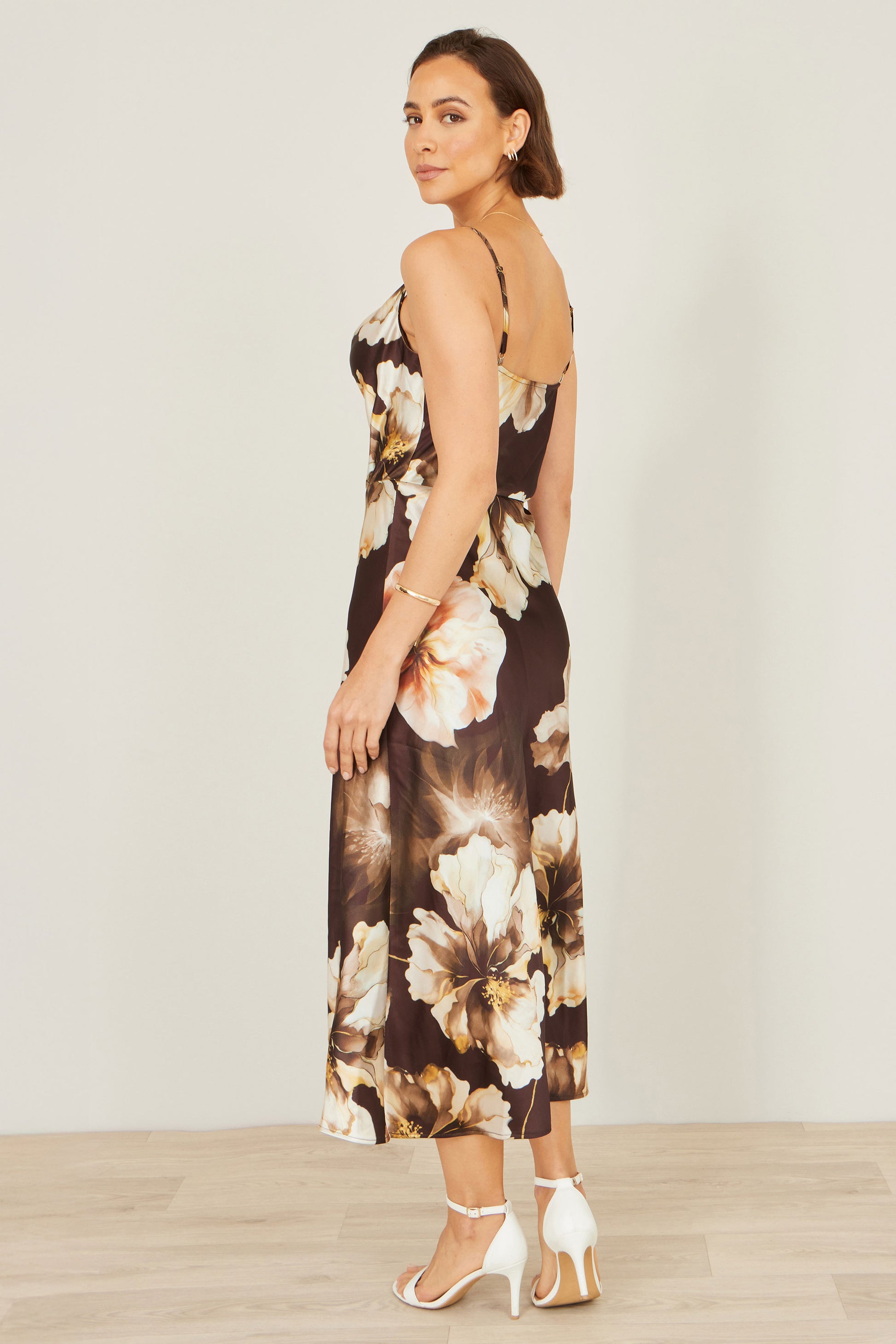 Yumi Brown Cowl Neck Satin Floral Dress Dress Occasion Yumi