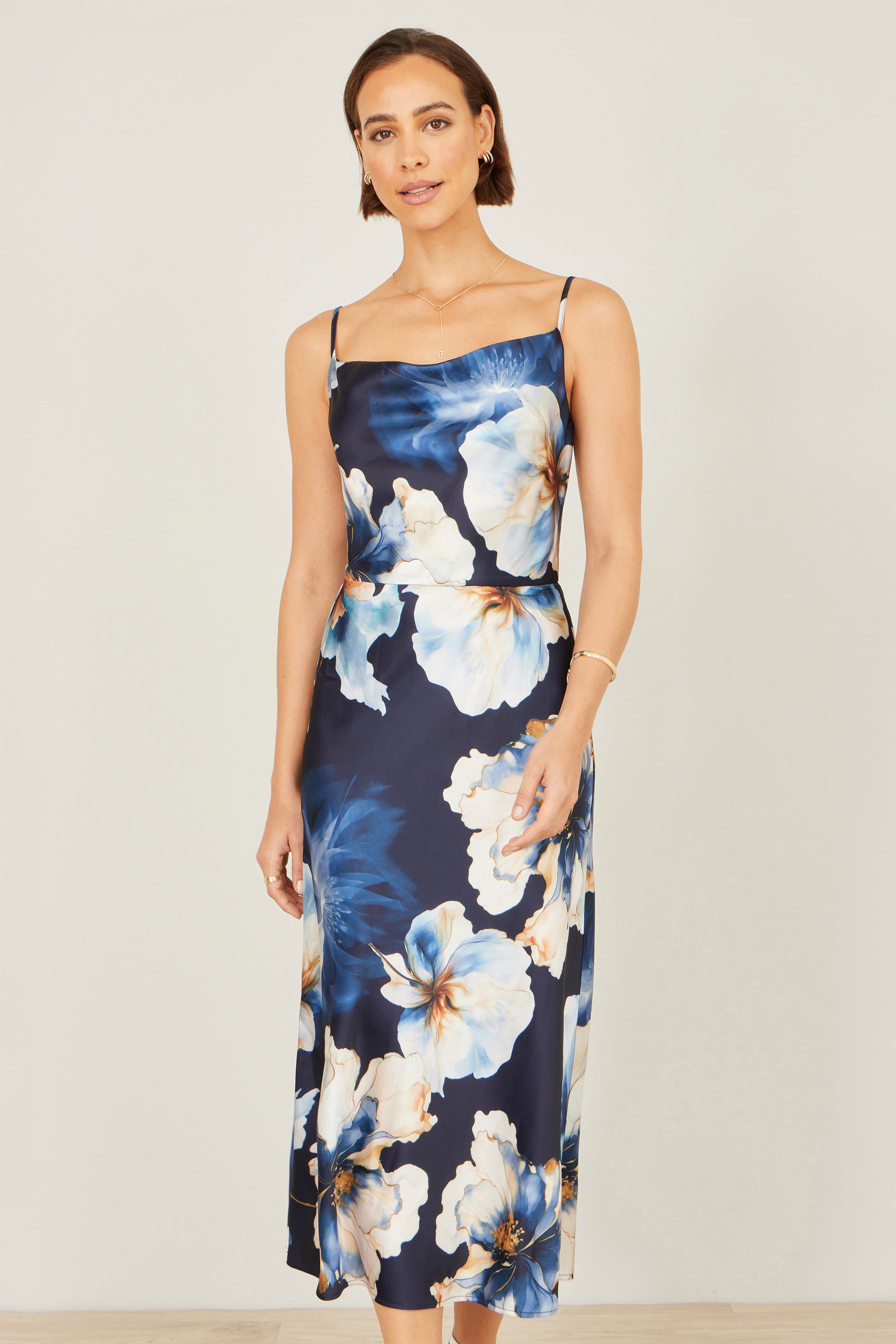 Yumi Navy Cowl Neck Satin Floral Dress Dress Occasion Yumi