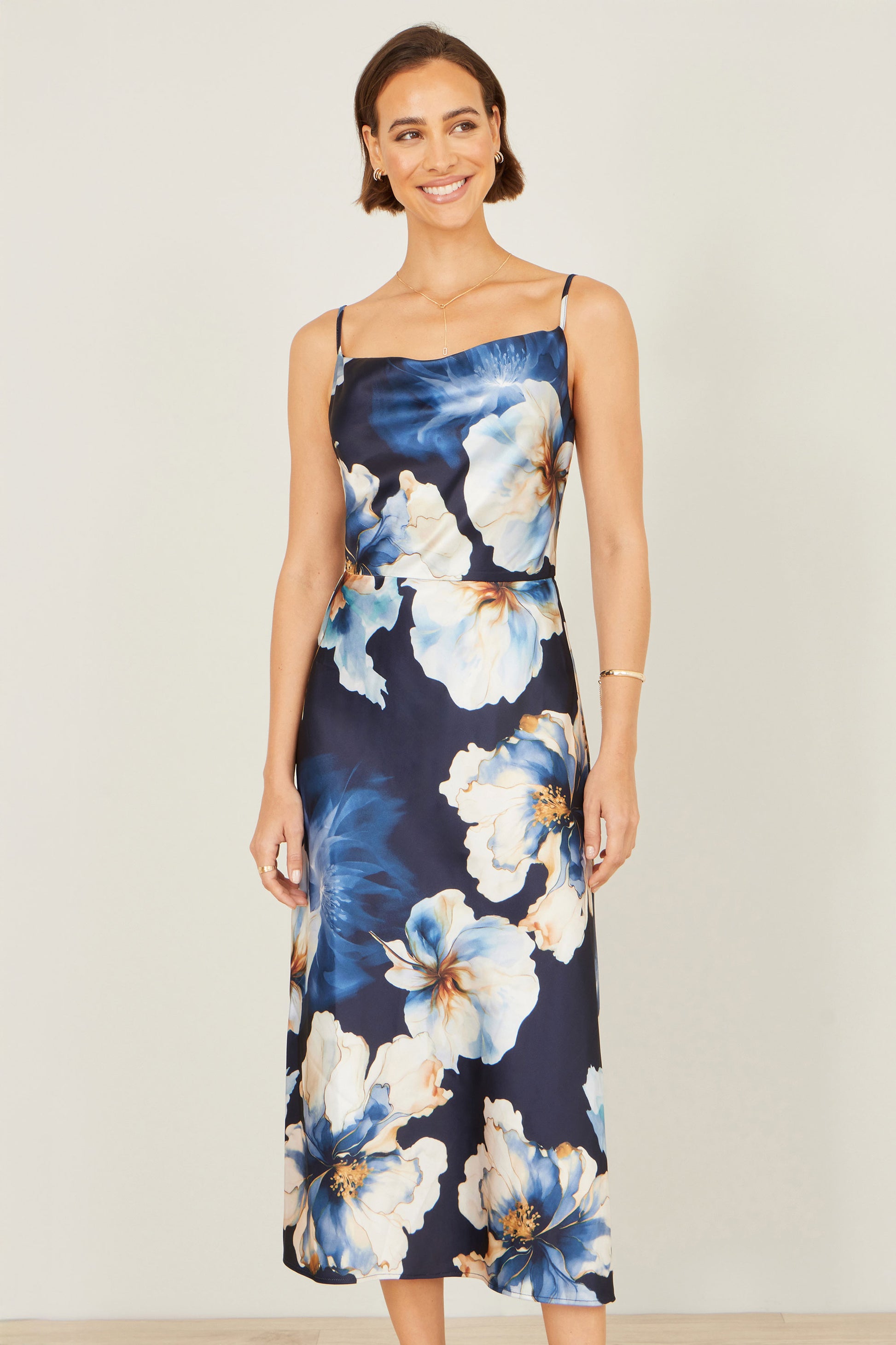 Yumi Navy Cowl Neck Satin Floral Dress Dress Occasion Yumi