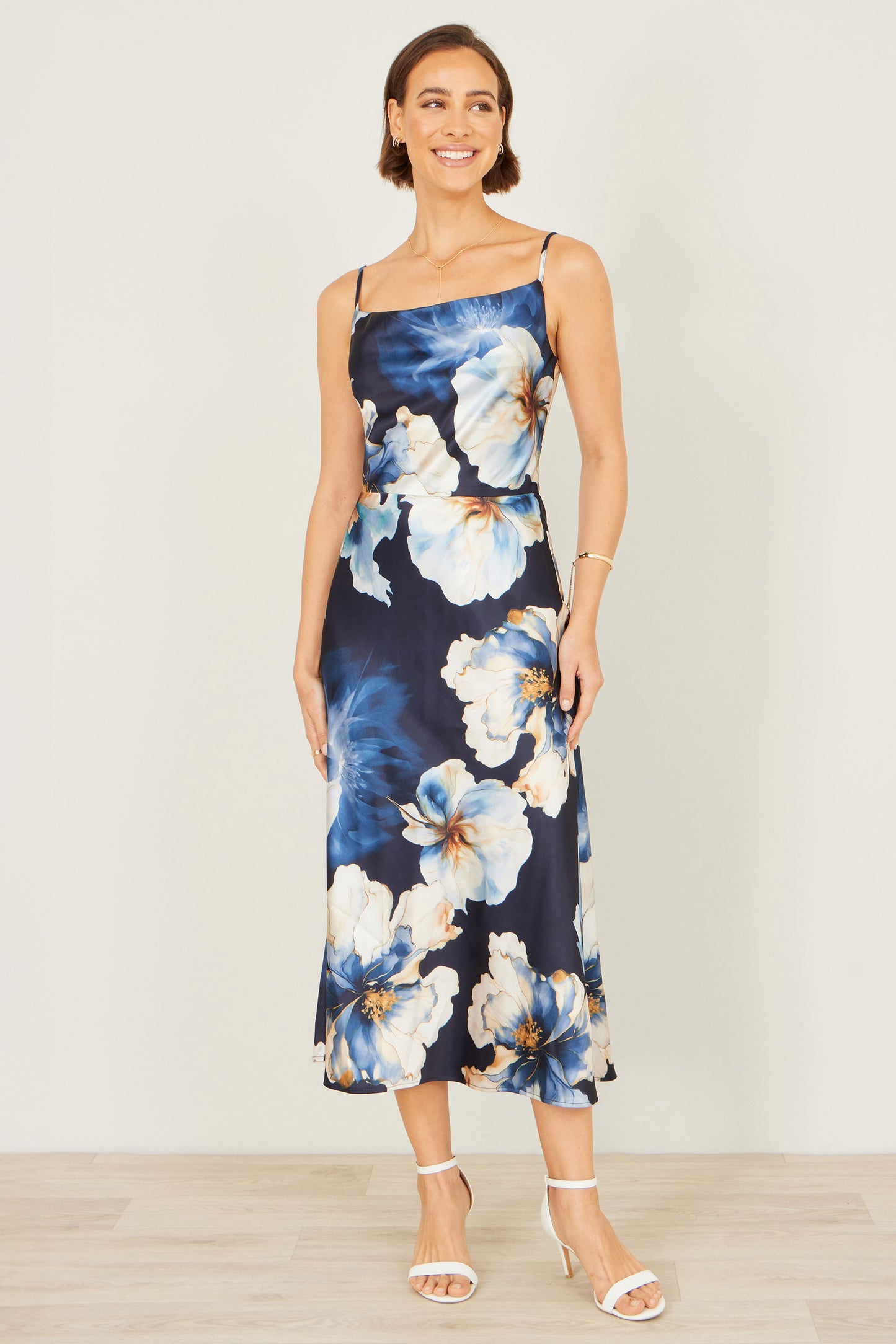 Yumi Navy Cowl Neck Satin Floral Dress Dress Occasion Yumi