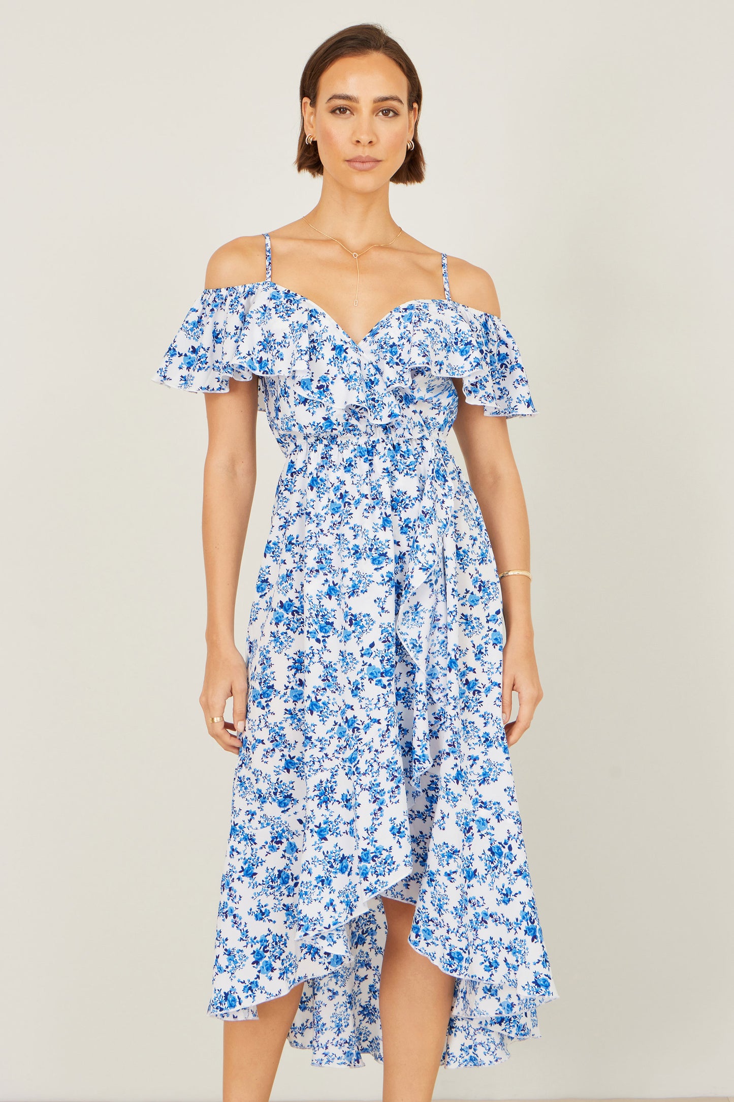 Yumi Blue Floral Print Bardot Midi Dress With Dip Hem Beachwear Yumi