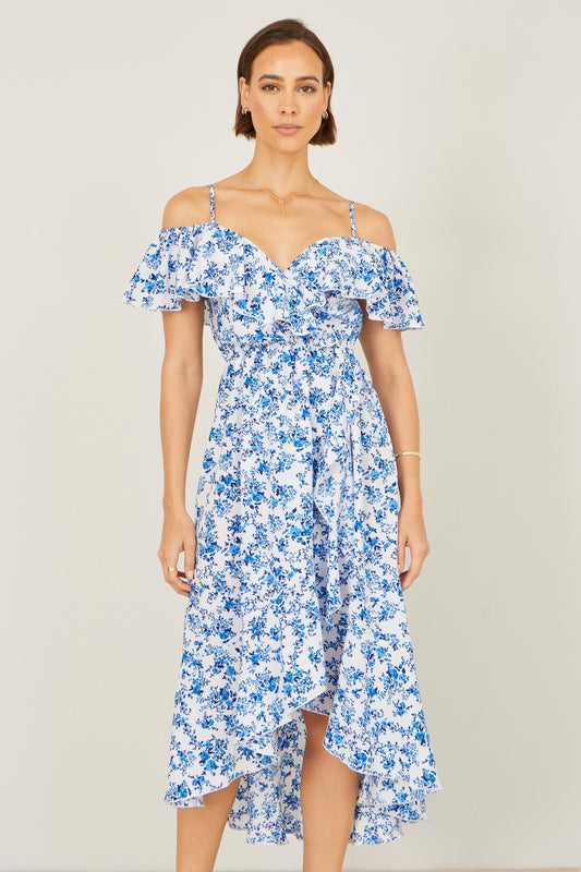 Yumi Blue Floral Print Bardot Midi Dress With Dip Hem