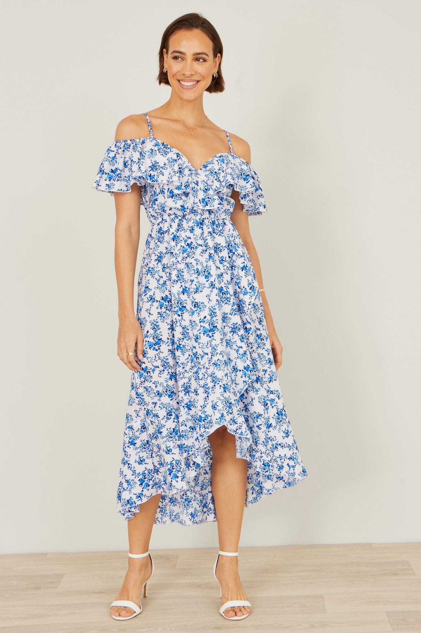 Yumi Blue Floral Print Bardot Midi Dress With Dip Hem Beachwear Yumi