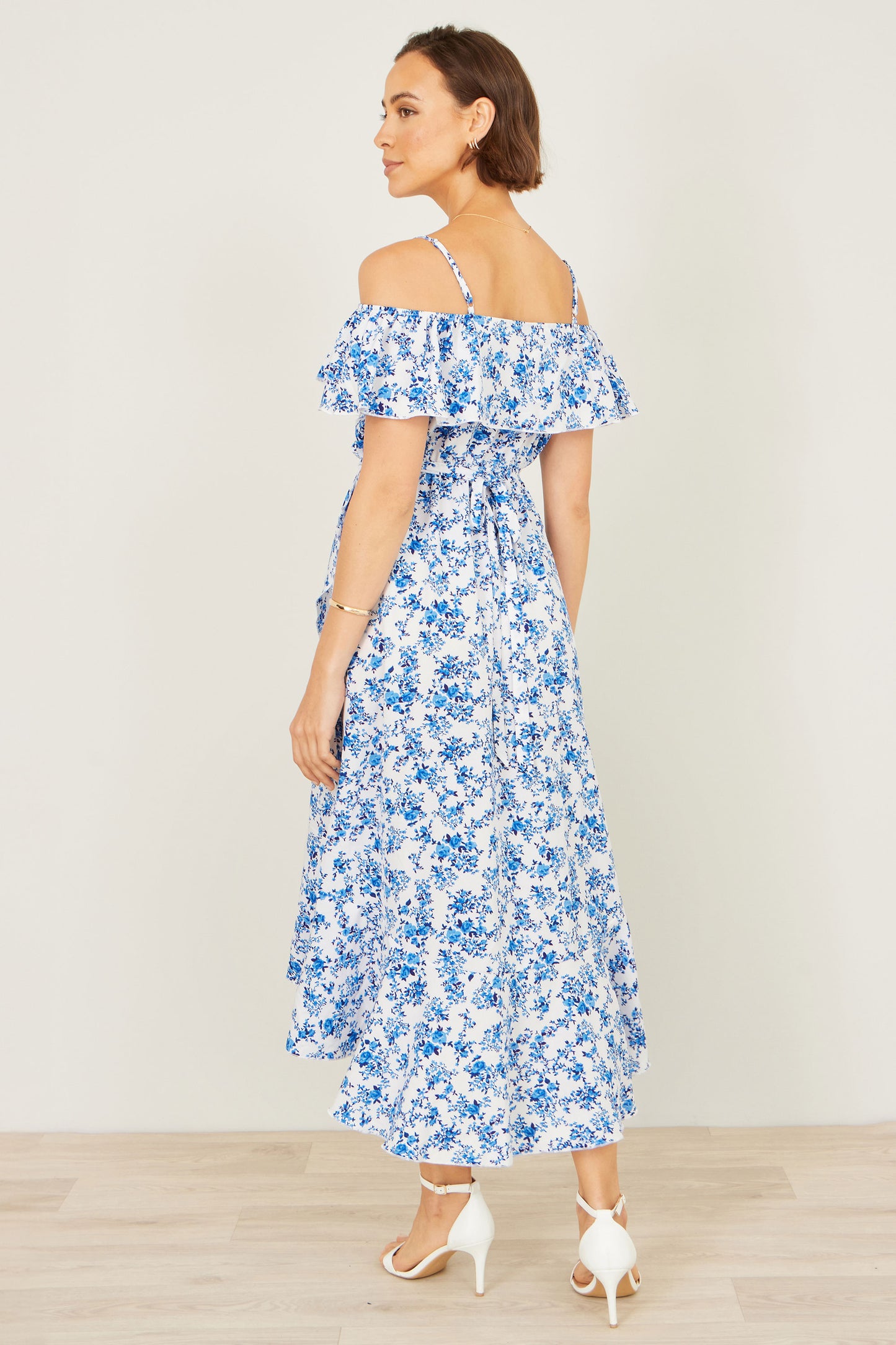 Yumi Blue Floral Print Bardot Midi Dress With Dip Hem Beachwear Yumi