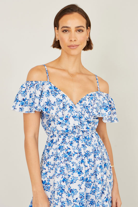 Yumi Blue Floral Print Bardot Midi Dress With Dip Hem