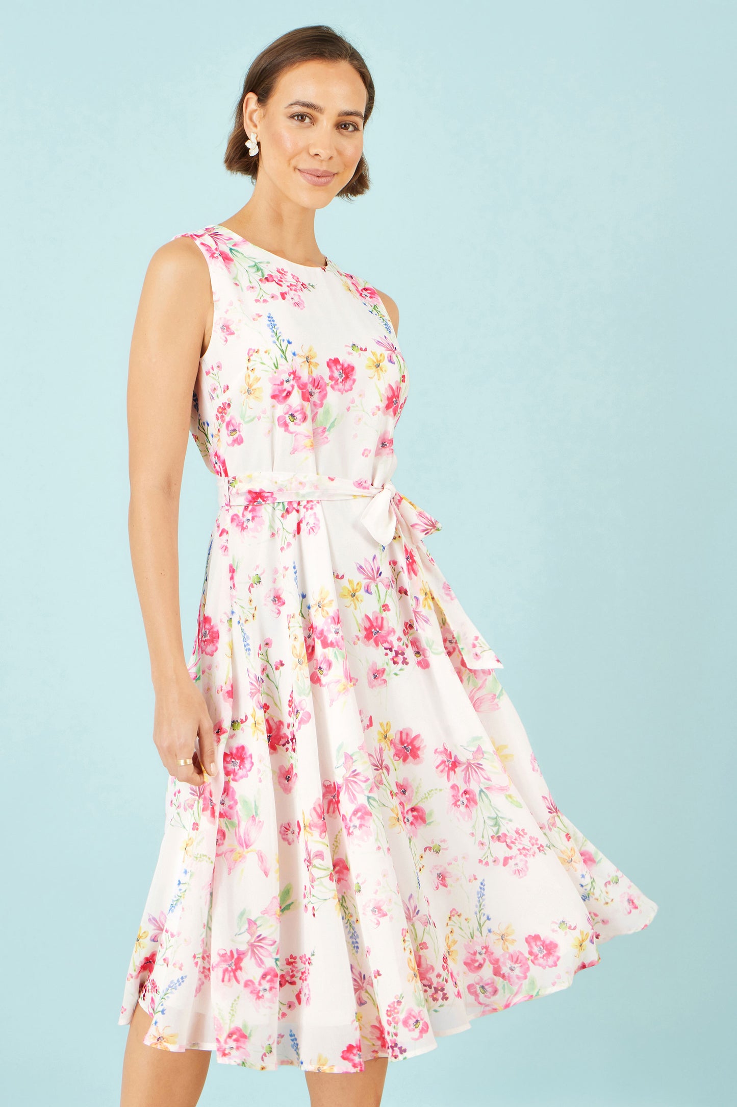 Yumi White Delicate Floral Midi Skater Dress Dress Casual Yumi