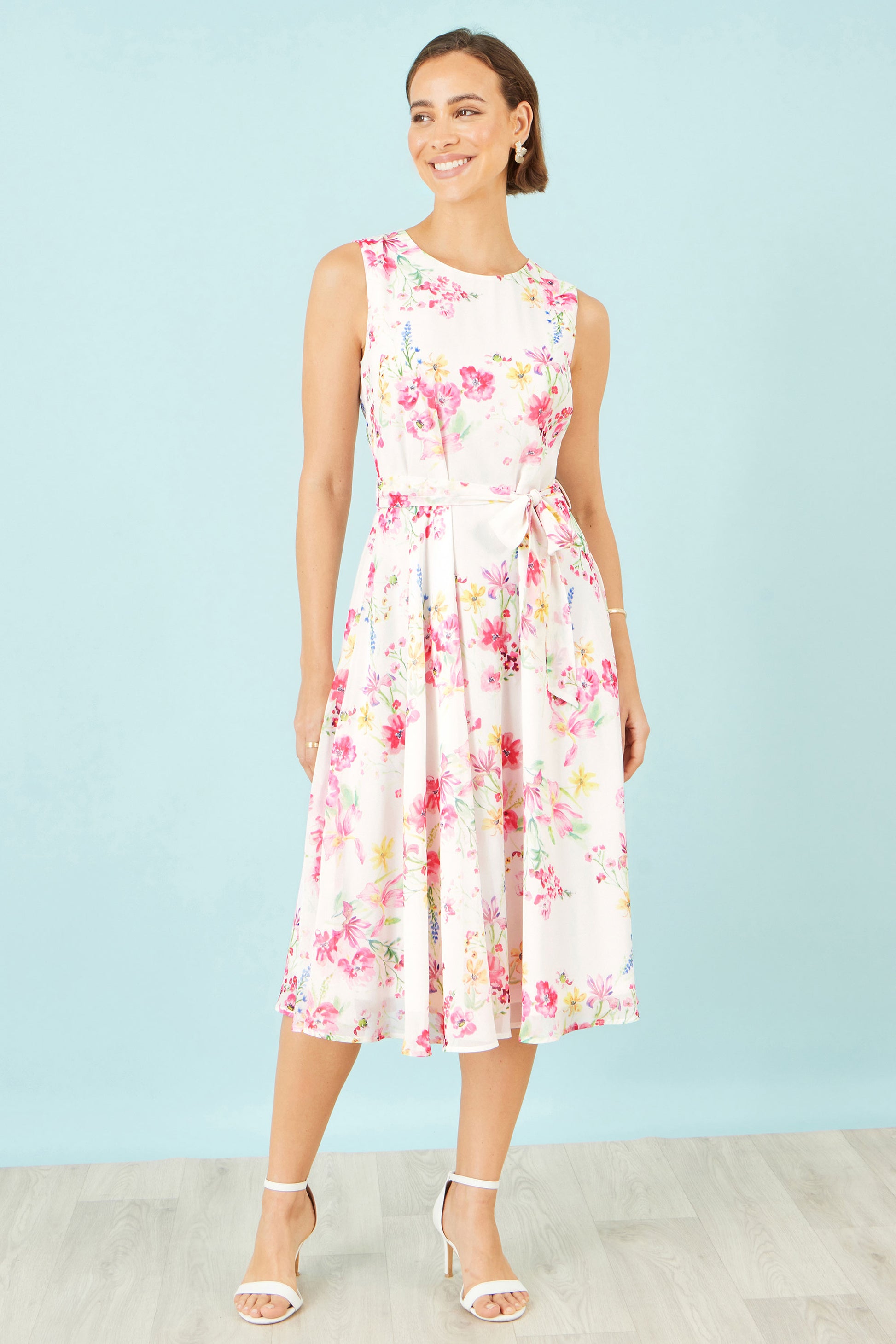 Yumi White Delicate Floral Midi Skater Dress Dress Casual Yumi