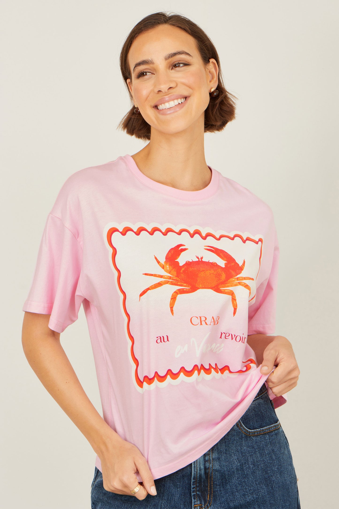 Yumi Pink Crab Vacation Print T Shirt Tops Yumi