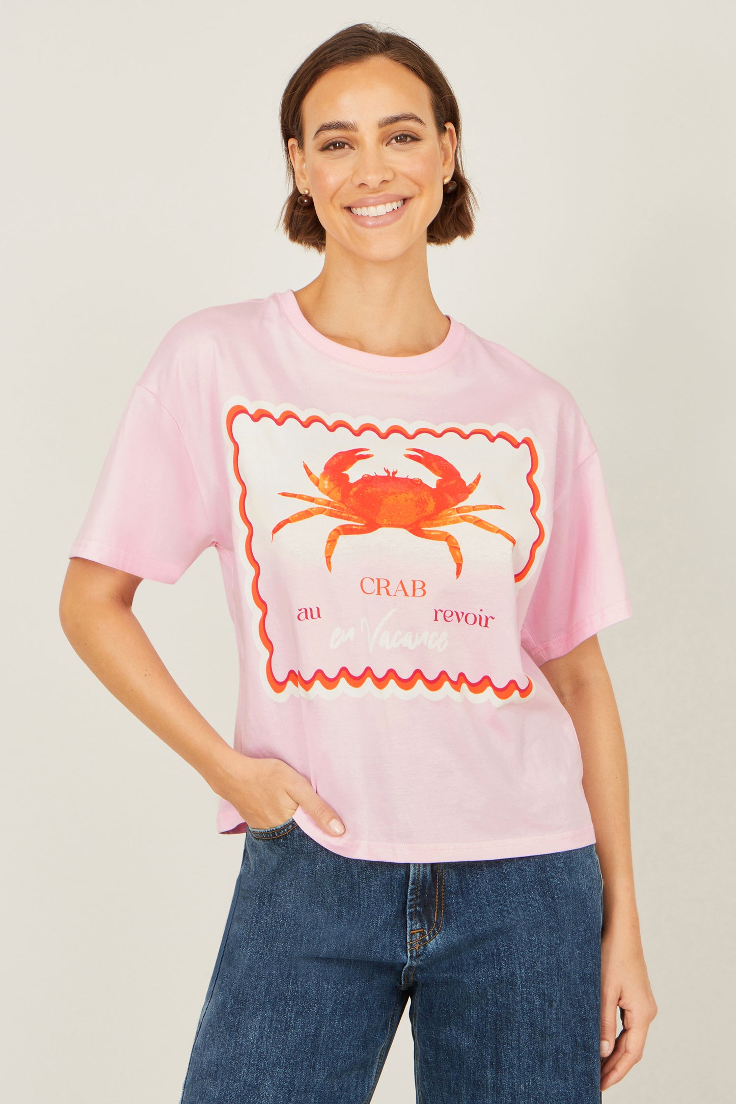 Yumi Pink Crab Vacation Print T Shirt Tops Yumi