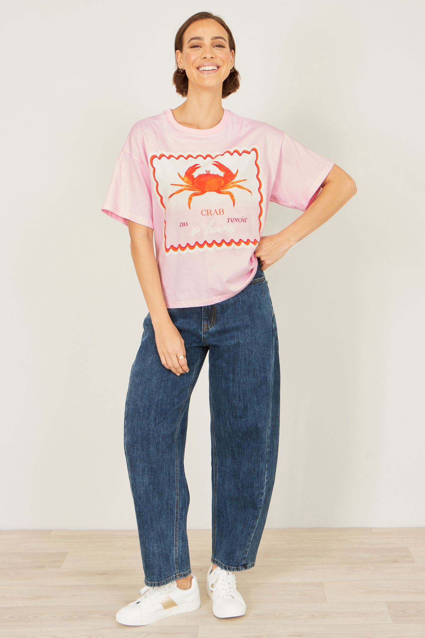 Yumi Pink Crab Vacation Print T Shirt Tops Yumi