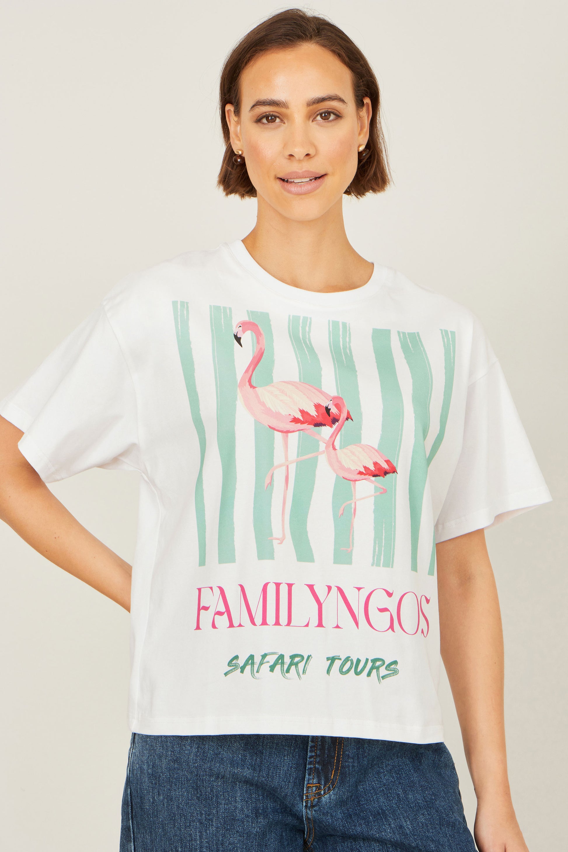 Yumi White Retro Relaxed Flamingo Cotton T Shirt Tops Yumi