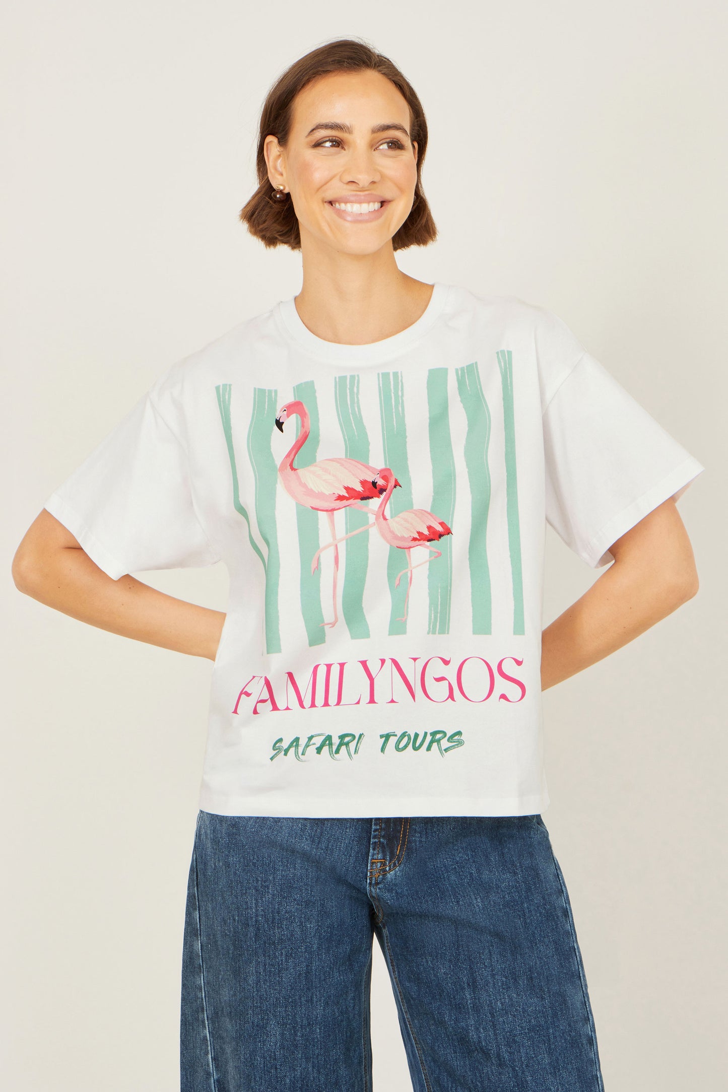 Yumi White Retro Relaxed Flamingo Cotton T Shirt Tops Yumi