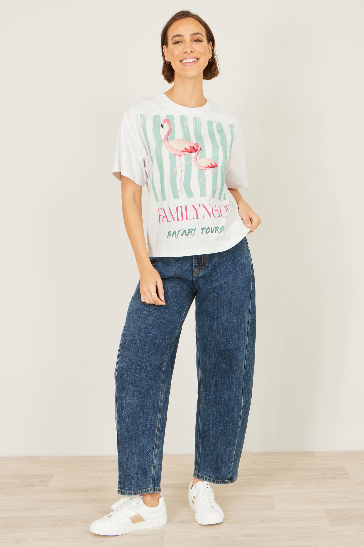 Yumi White Retro Relaxed Flamingo Cotton T Shirt Tops Yumi
