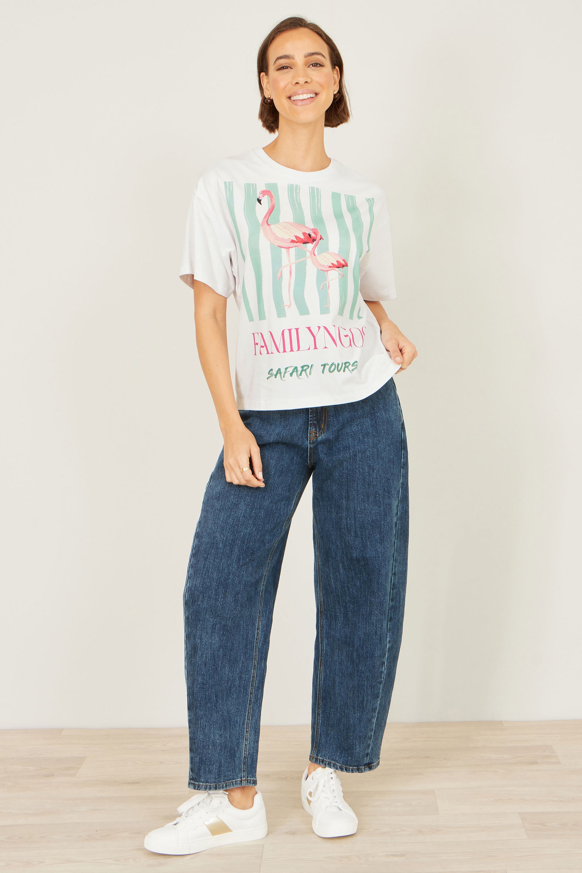 Yumi White Retro Relaxed Flamingo Cotton T Shirt Tops Yumi