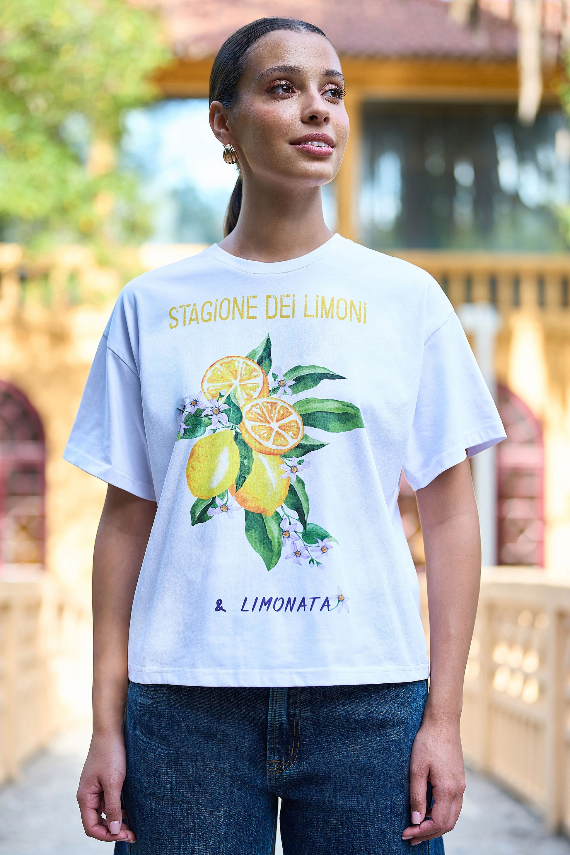 Yumi White Retro Relaxed Lemon Print Cotton T Shirt Tops Yumi