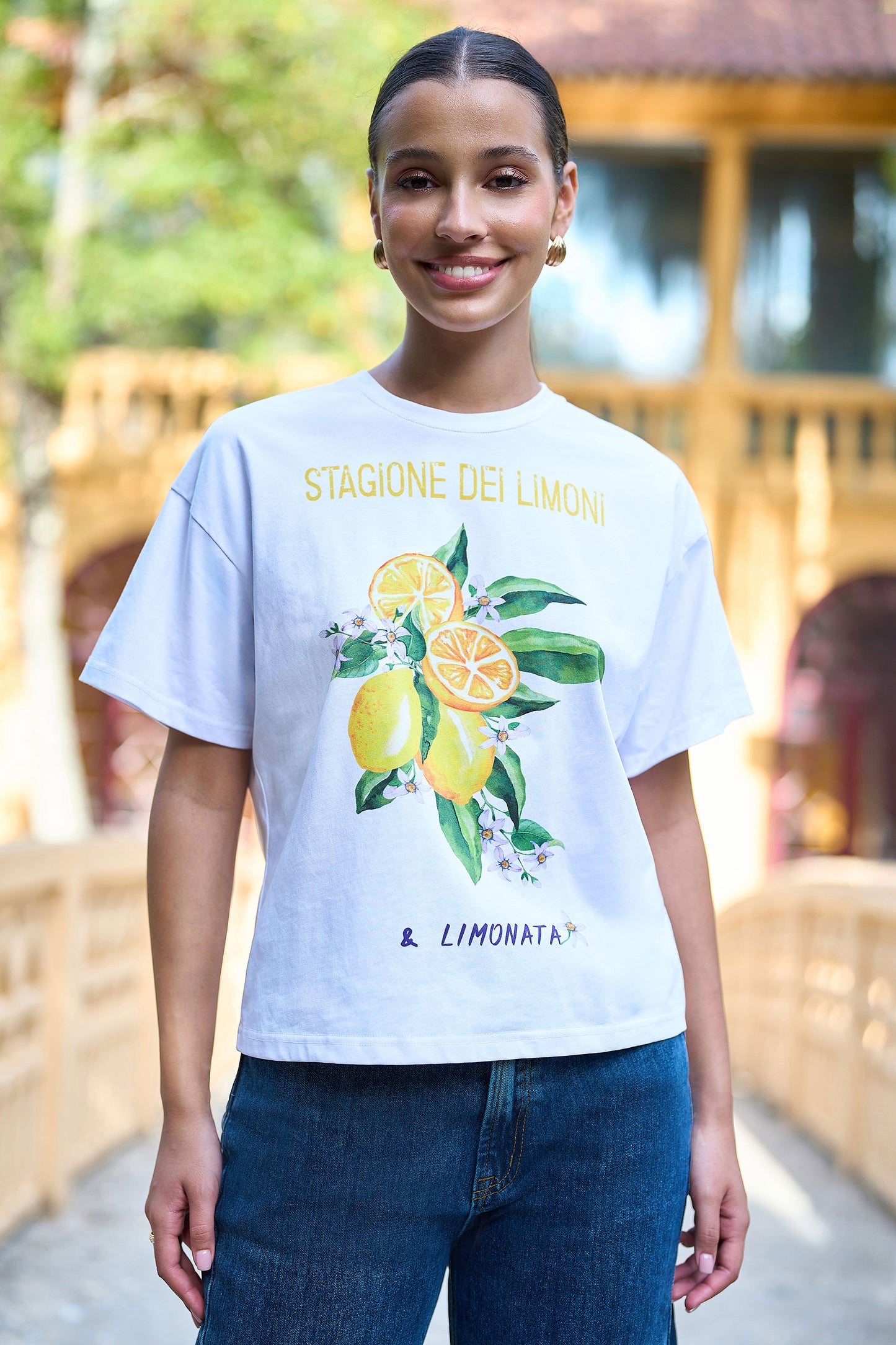 Yumi White Retro Relaxed Lemon Print Cotton T Shirt Tops Yumi