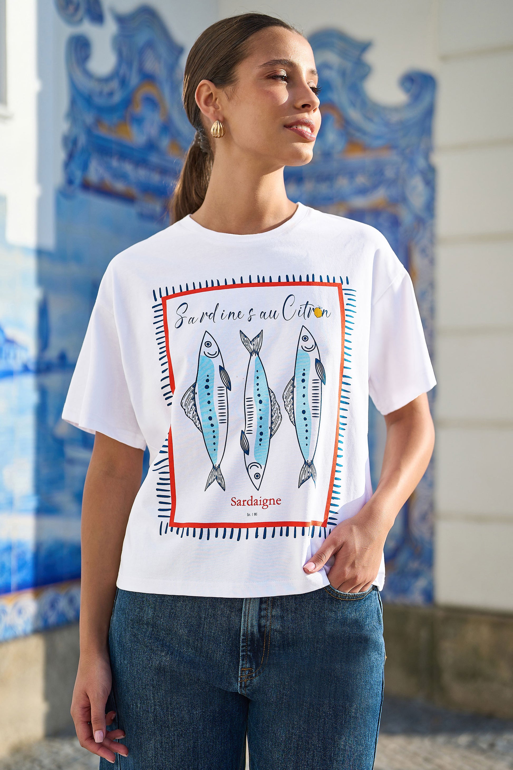 Yumi White Cotton Summer Motif T-Shirt Tops Yumi