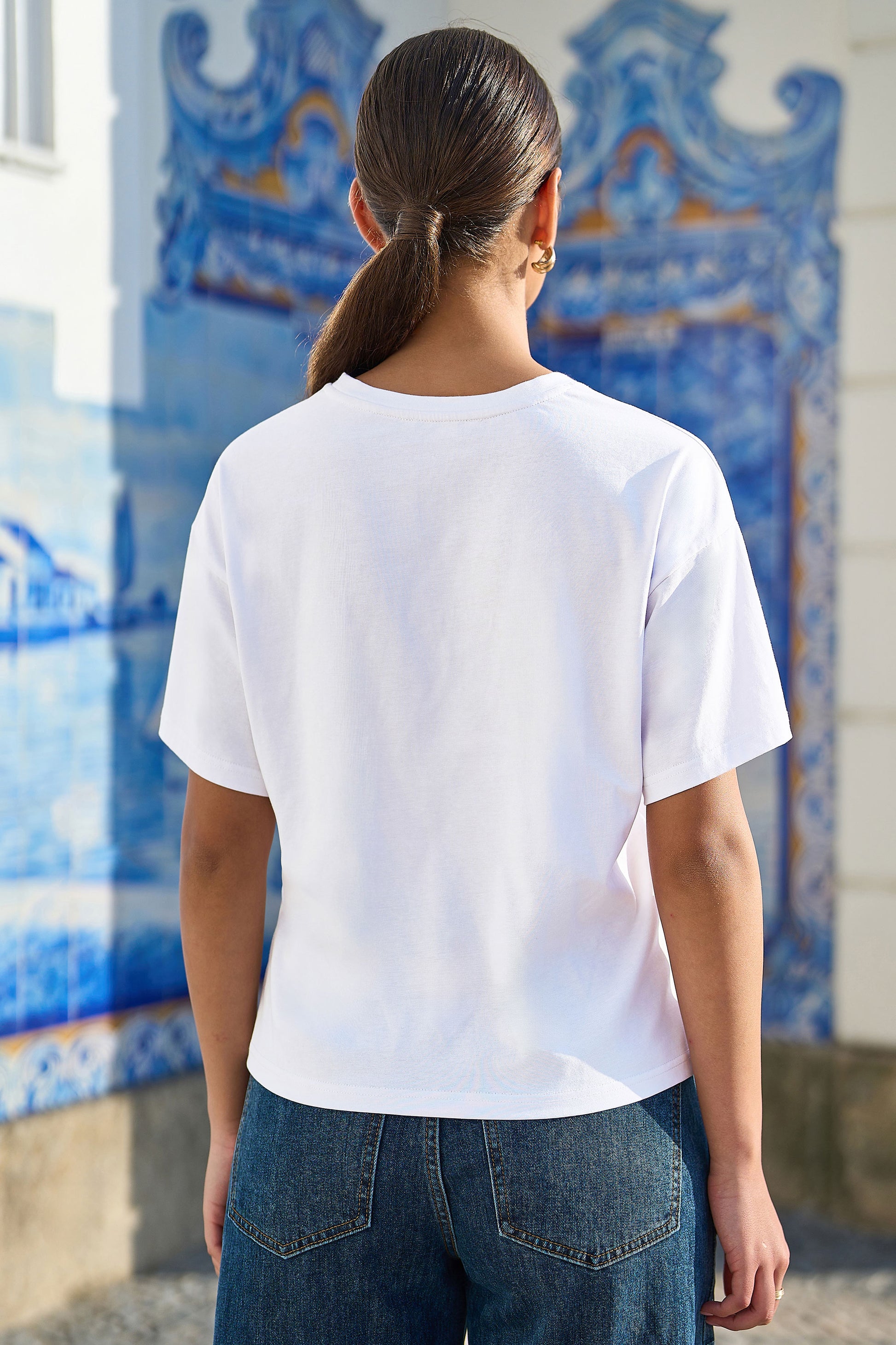 Yumi White Cotton Summer Motif T-Shirt Tops Yumi